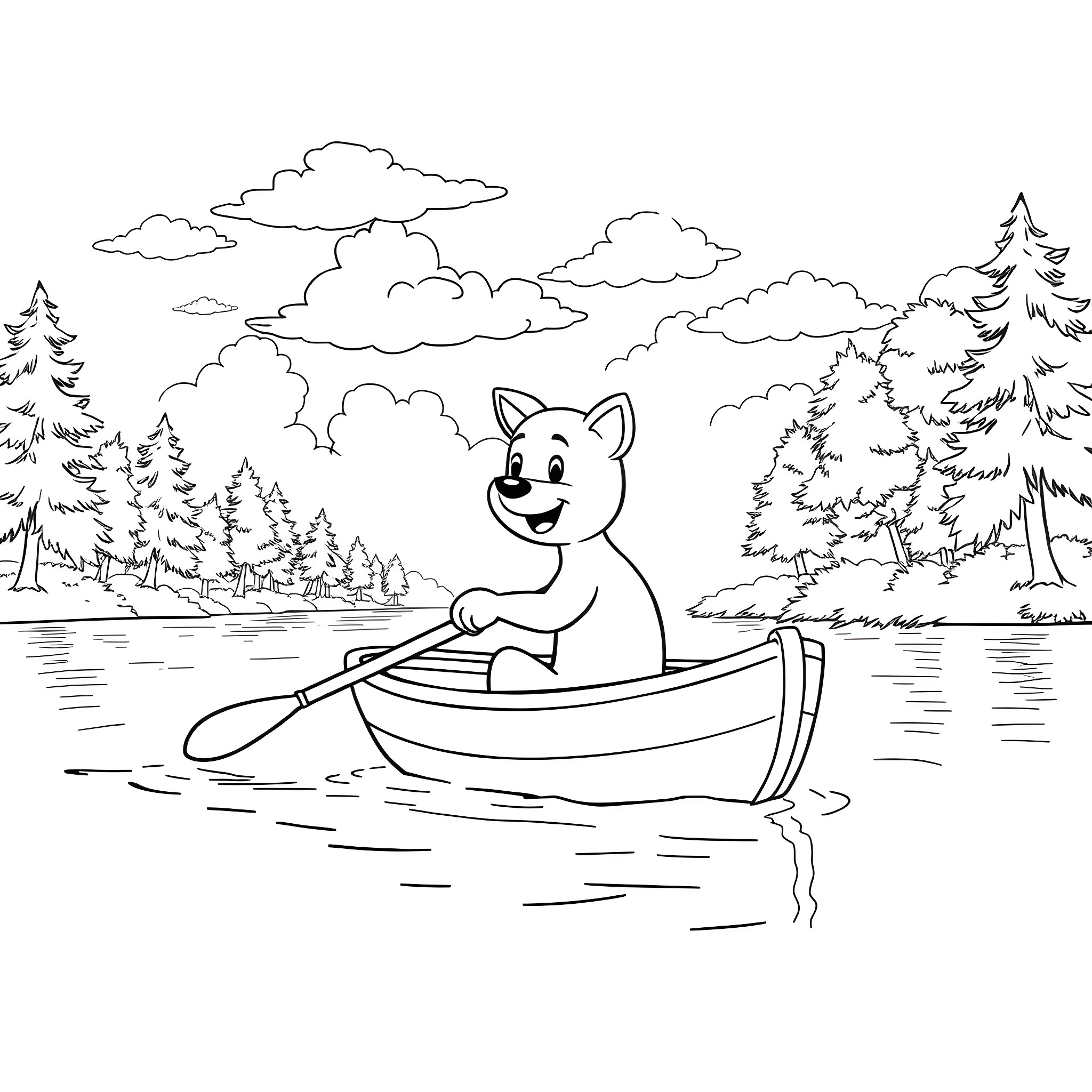 Bluey going on a boat ride in the lake Coloring Page (free black-and-white line drawing printable PDF for all, from beginners to advanced learners, including children, teens, adults, and seniors)