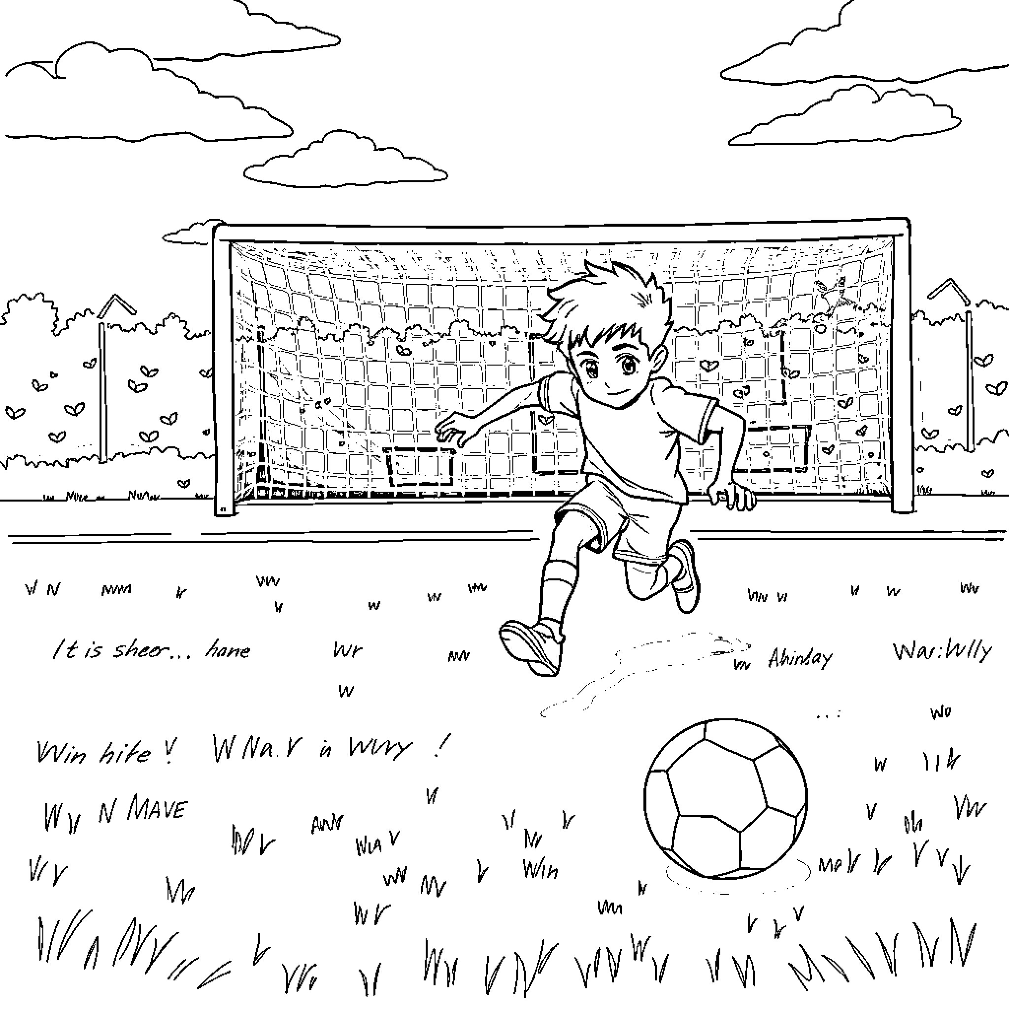 Kid kicking soccer ball on field Coloring Page (free black-and-white line drawing printable PDF for all, from beginners to advanced learners, including children, teens, adults, and seniors)