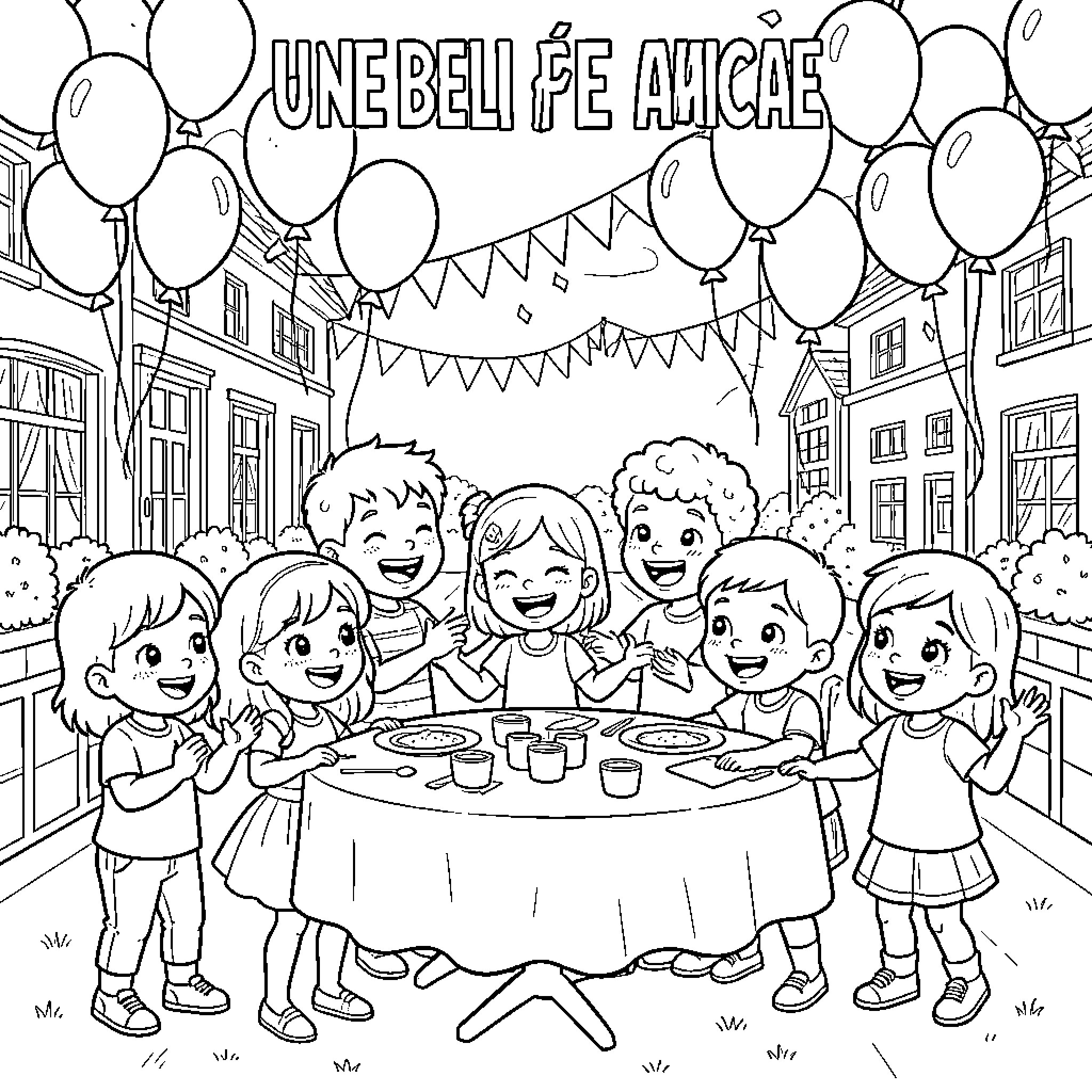 Friend enjoying festive celebration with others Coloring Page (free black-and-white line drawing printable PDF for all, from beginners to advanced learners, including children, teens, adults, and seniors)