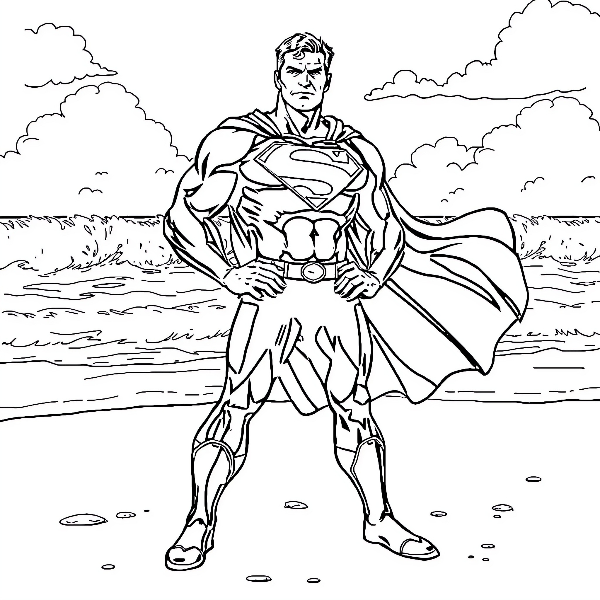 Superman heroically stands on a beach Coloring Page (free black-and-white line drawing printable PDF for all, from beginners to advanced learners, including children, teens, adults, and seniors)