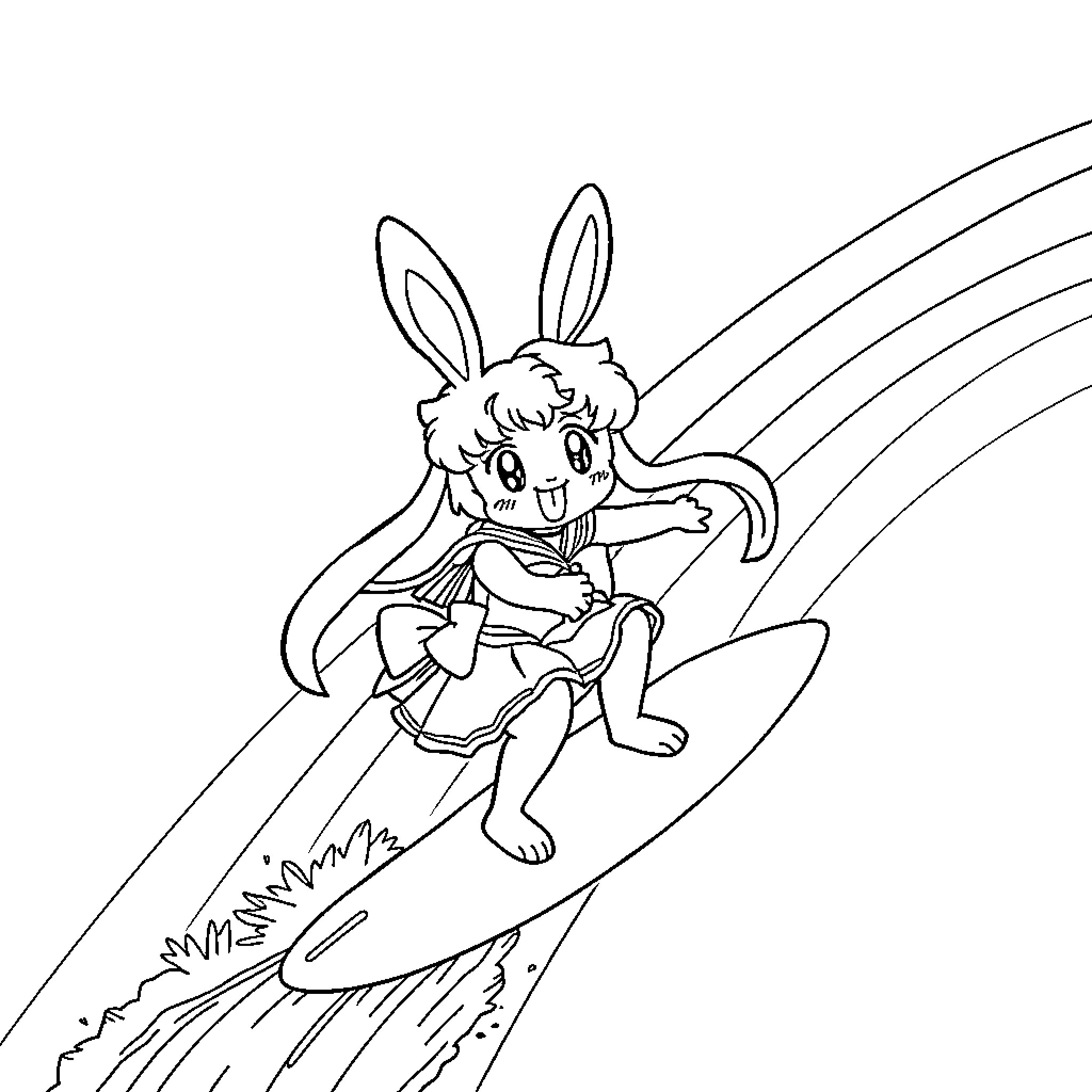 Rabbit adventurer riding a wave Coloring Page (free black-and-white line drawing printable PDF for all, from beginners to advanced learners, including children, teens, adults, and seniors)