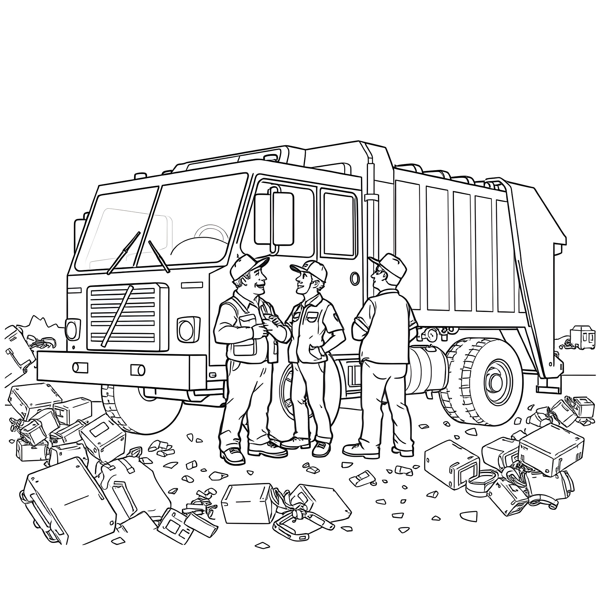 Trash Truck Crew Collecting Refuse Coloring Page (free black-and-white line drawing printable PDF for all, from beginners to advanced learners, including children, teens, adults, and seniors)