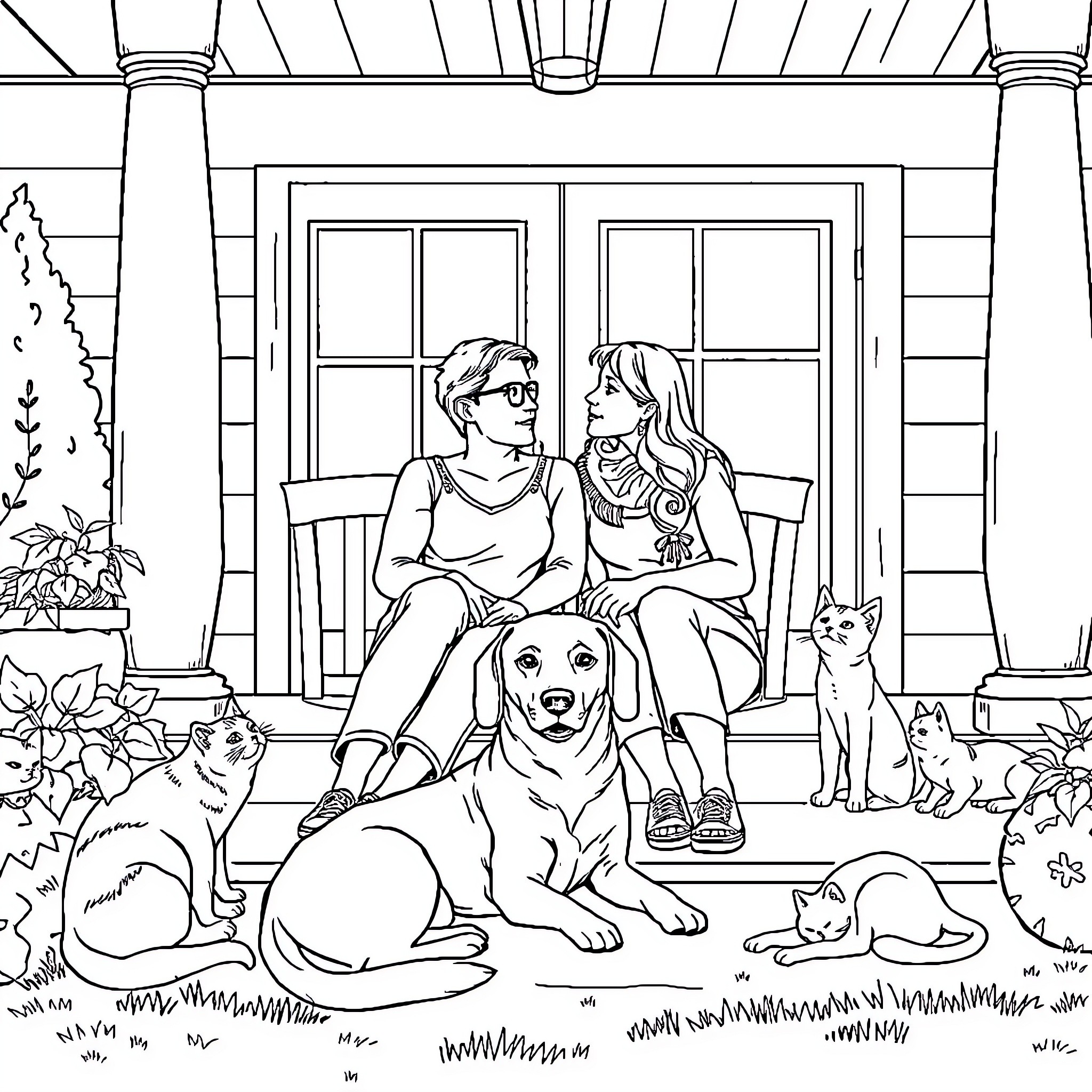 Couple enjoying a moment on porch with pets Coloring Page (free black-and-white line drawing printable PDF for all, from beginners to advanced learners, including children, teens, adults, and seniors)