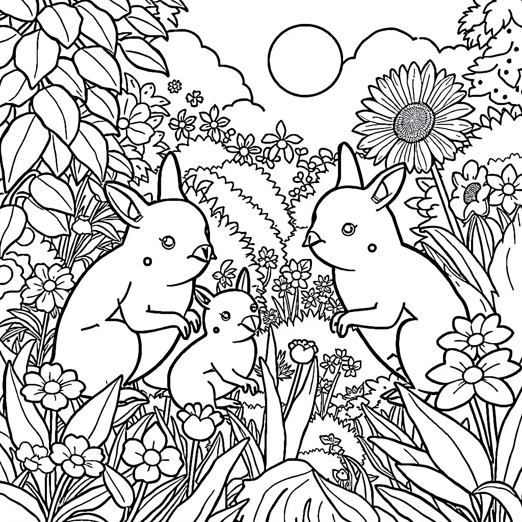 Chaux Bunnies Frolicking in Floral Garden Coloring Page (free black-and-white line drawing printable PDF for all, from beginners to advanced learners, including children, teens, adults, and seniors)