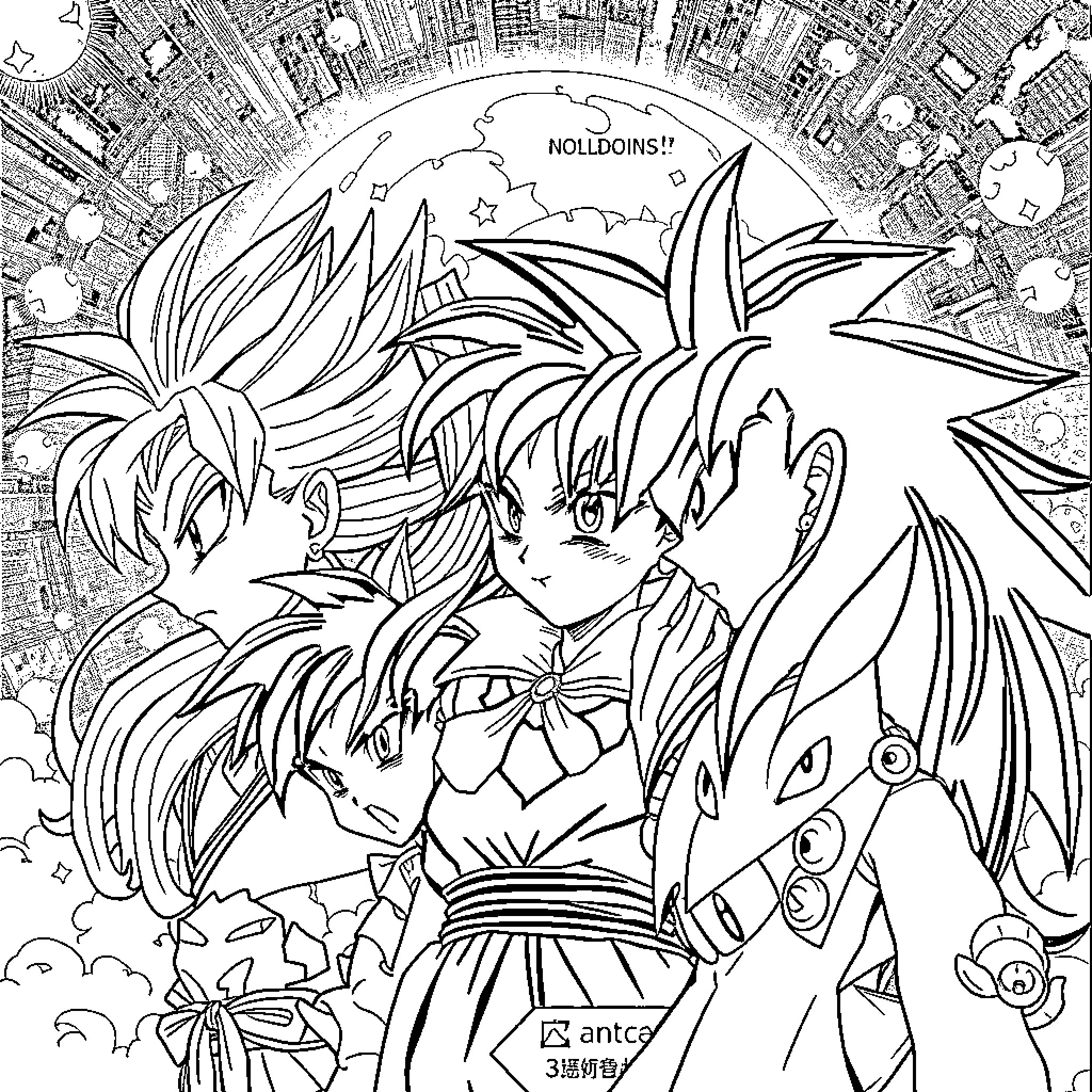 Manga characters in heroic poses and stylized outfits Coloring Page (free black-and-white line drawing printable PDF for all, from beginners to advanced learners, including children, teens, adults, and seniors)
