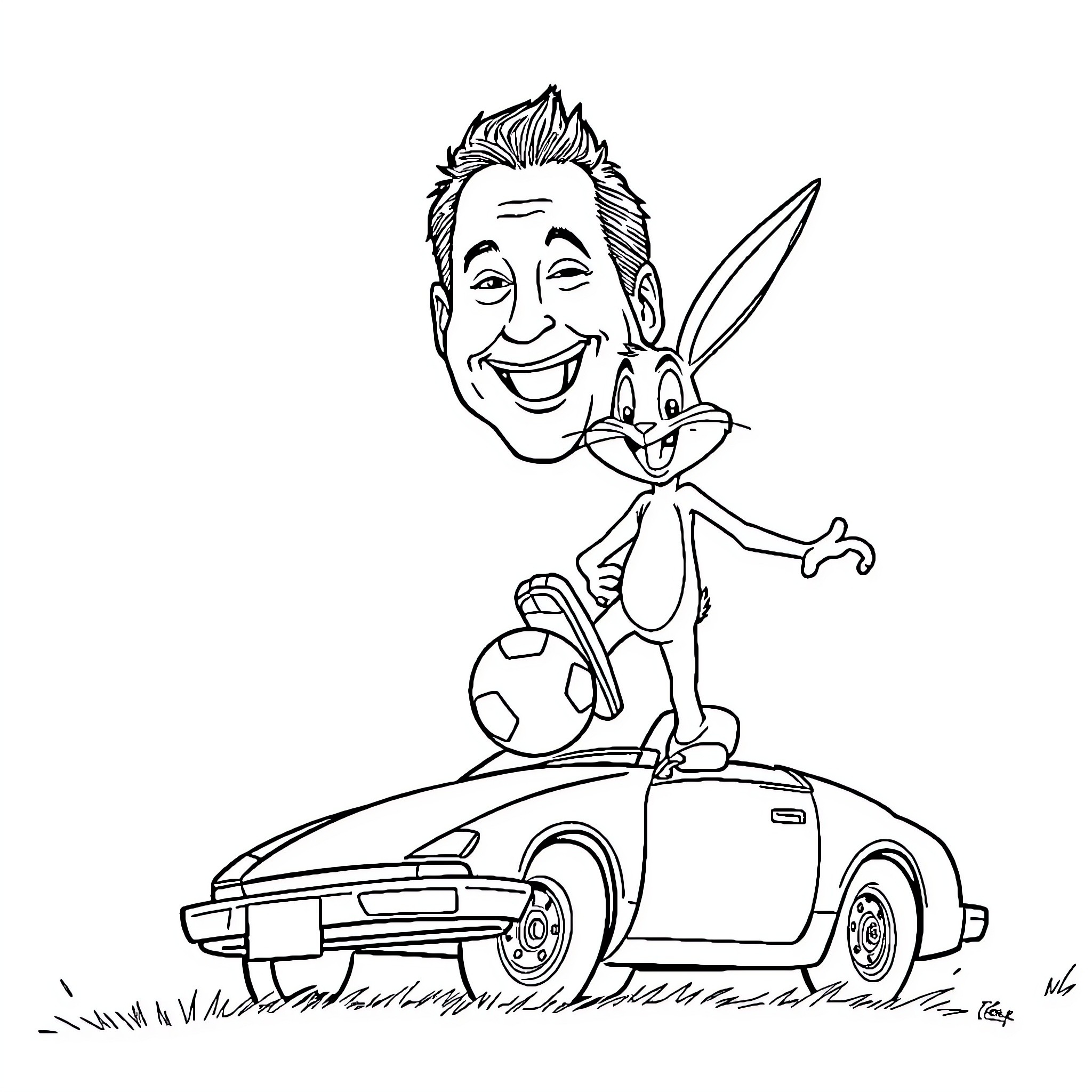 Adam Sandler and Bugs Bunny on a Sports Car Coloring Page (free black-and-white line drawing printable PDF for all, from beginners to advanced learners, including children, teens, adults, and seniors)