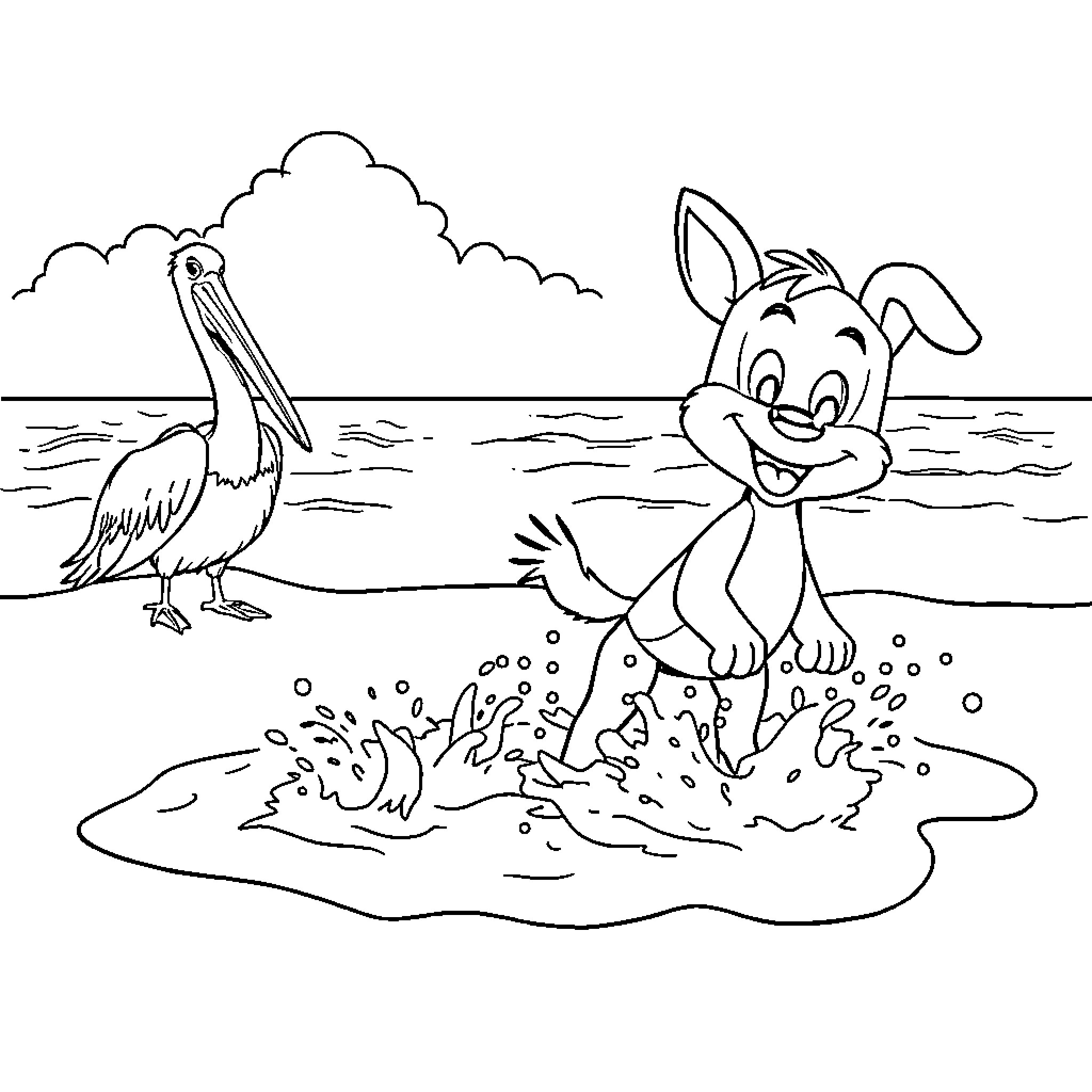 Bluey playing happily by the beach with a pelican Coloring Page (free black-and-white line drawing printable PDF for all, from beginners to advanced learners, including children, teens, adults, and seniors)