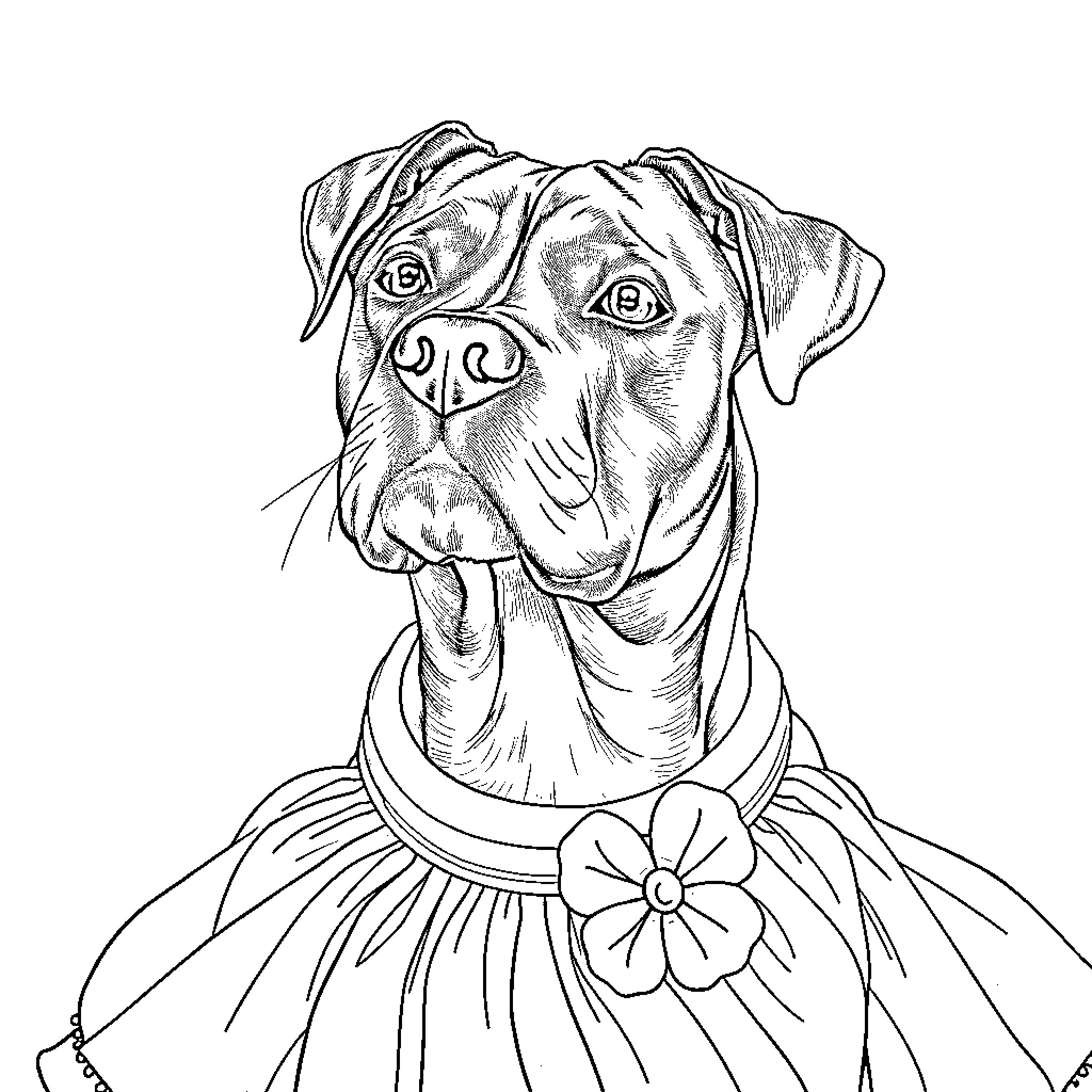 Staffy Lab Cross in whimsical flower crown Coloring Page (free black-and-white line drawing printable PDF for all, from beginners to advanced learners, including children, teens, adults, and seniors)