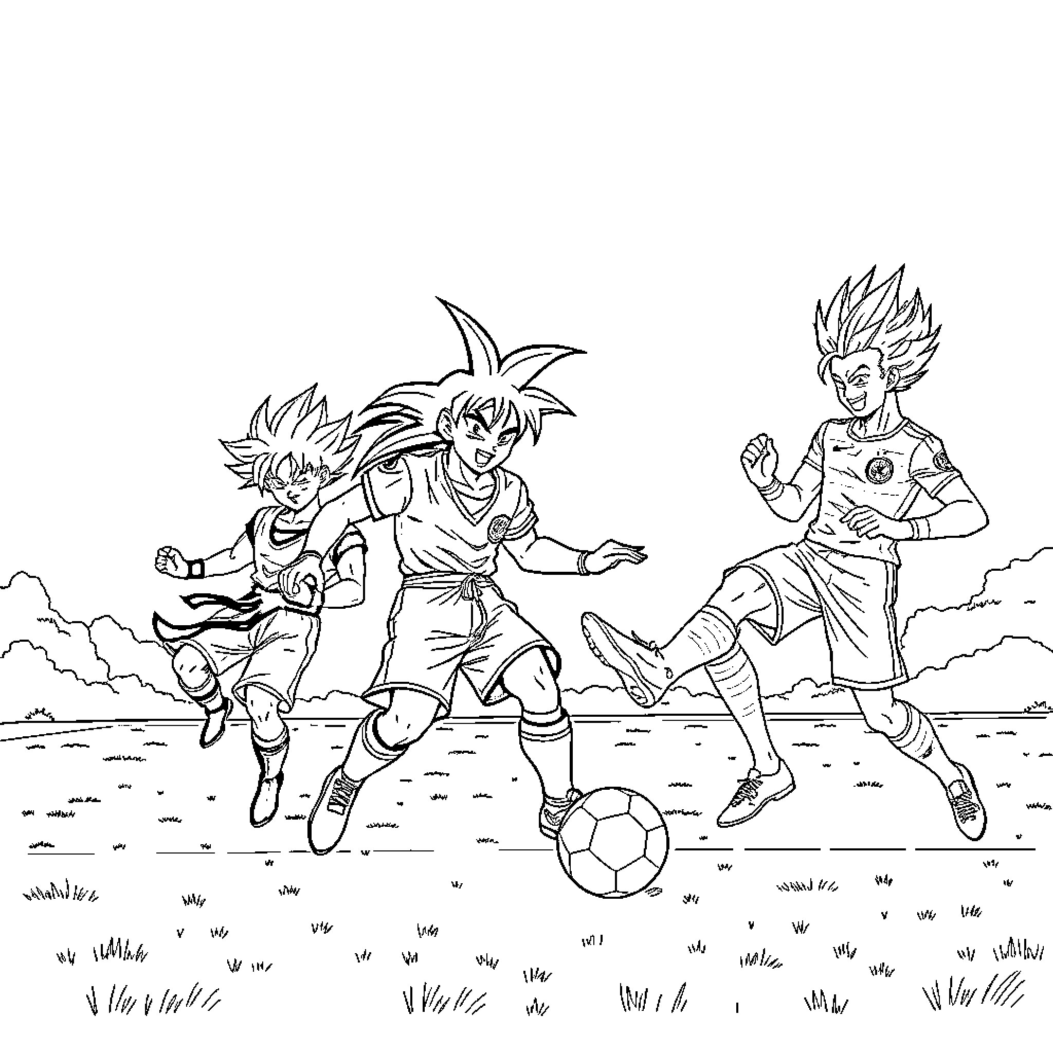 Dragon Ball Z characters playing soccer in the field Coloring Page (free black-and-white line drawing printable PDF for all, from beginners to advanced learners, including children, teens, adults, and seniors)