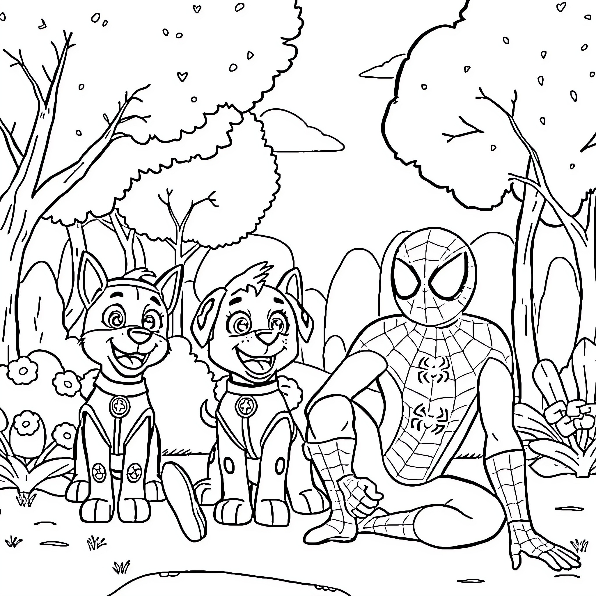 Spiderman meets adorable pups in the forest Coloring Page (free black-and-white line drawing printable PDF for all, from beginners to advanced learners, including children, teens, adults, and seniors)