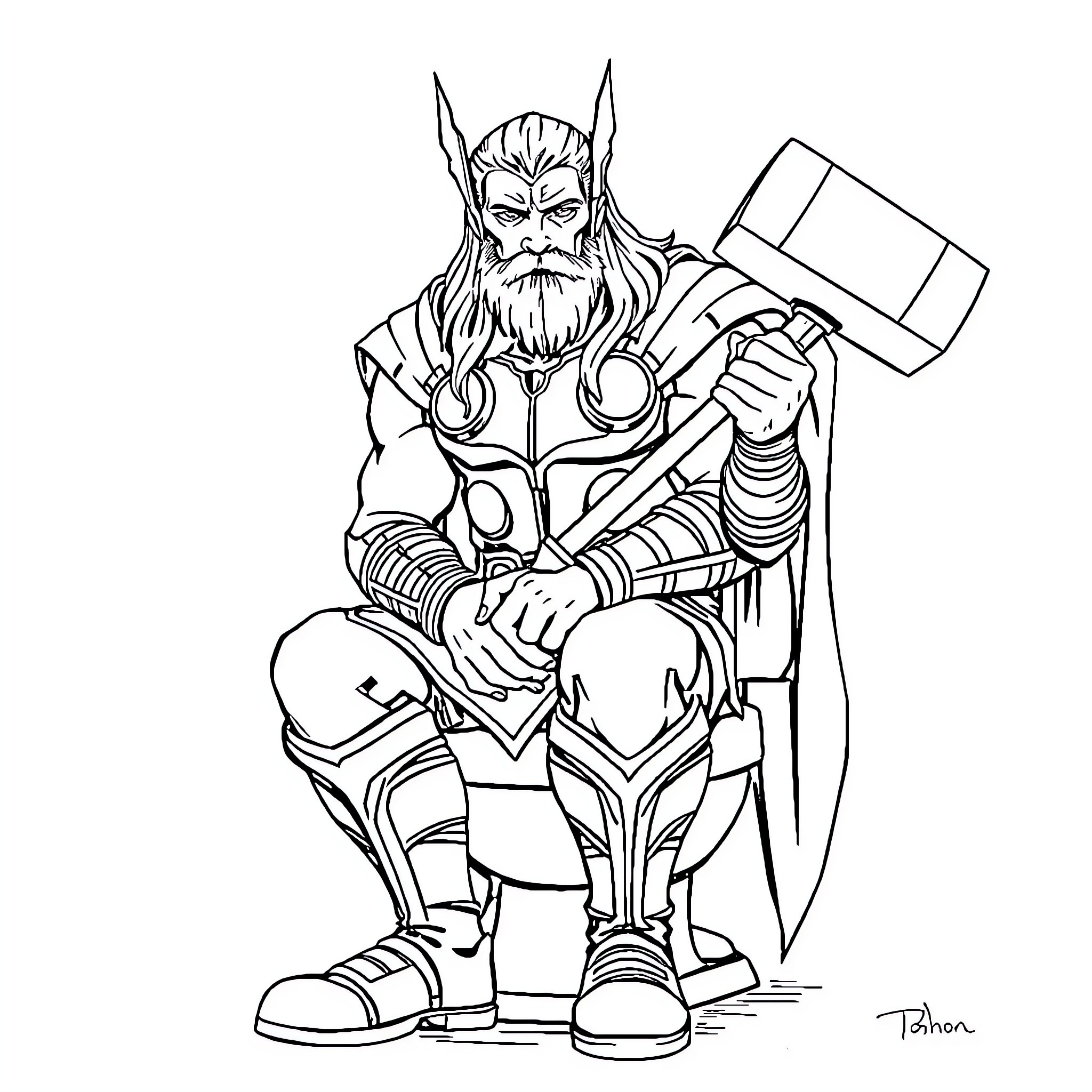 Thor wielding his hammer in dramatic pose Coloring Page (free black-and-white line drawing printable PDF for all, from beginners to advanced learners, including children, teens, adults, and seniors)