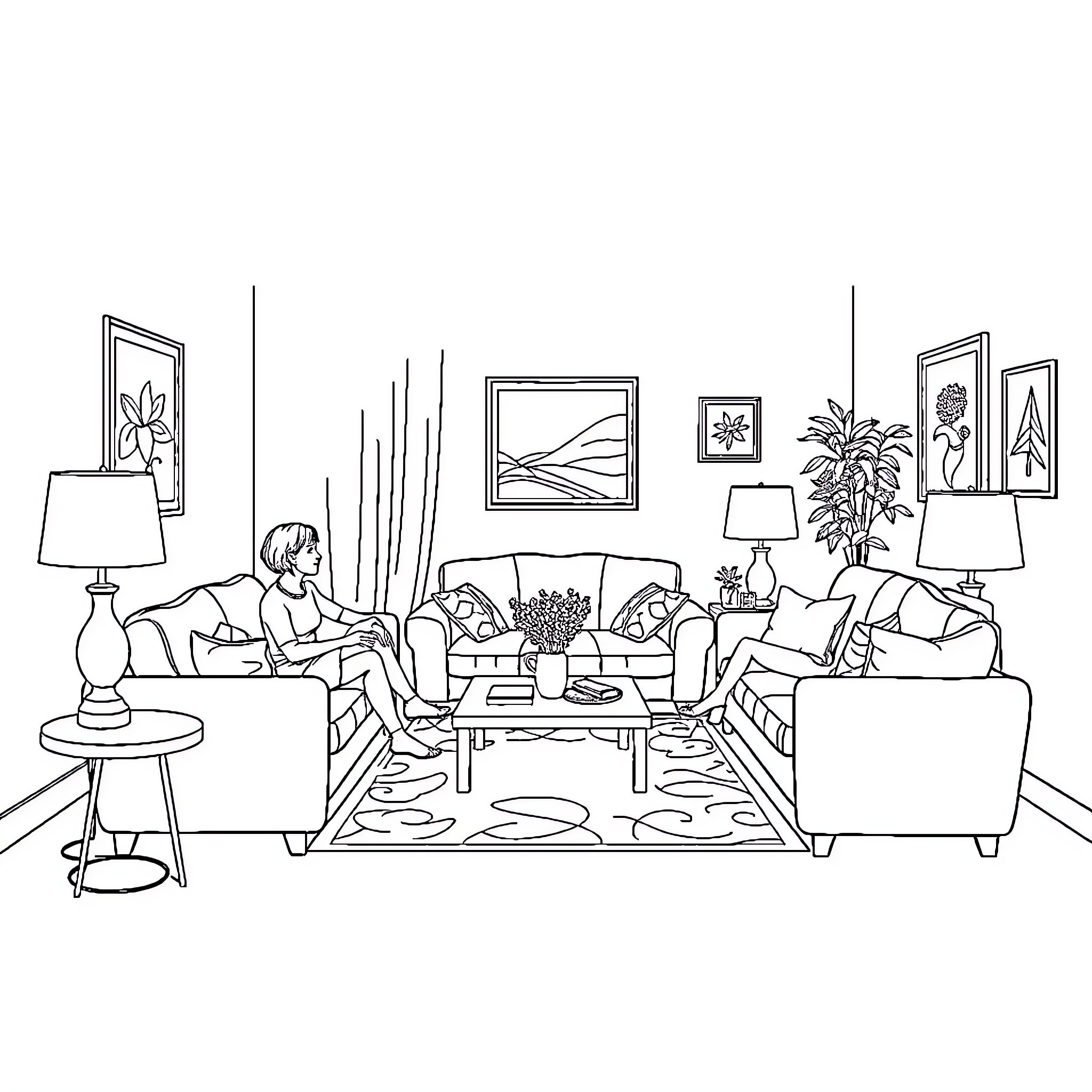Living Room with Family Relaxing Coloring Page (free black-and-white line drawing printable PDF for all, from beginners to advanced learners, including children, teens, adults, and seniors)