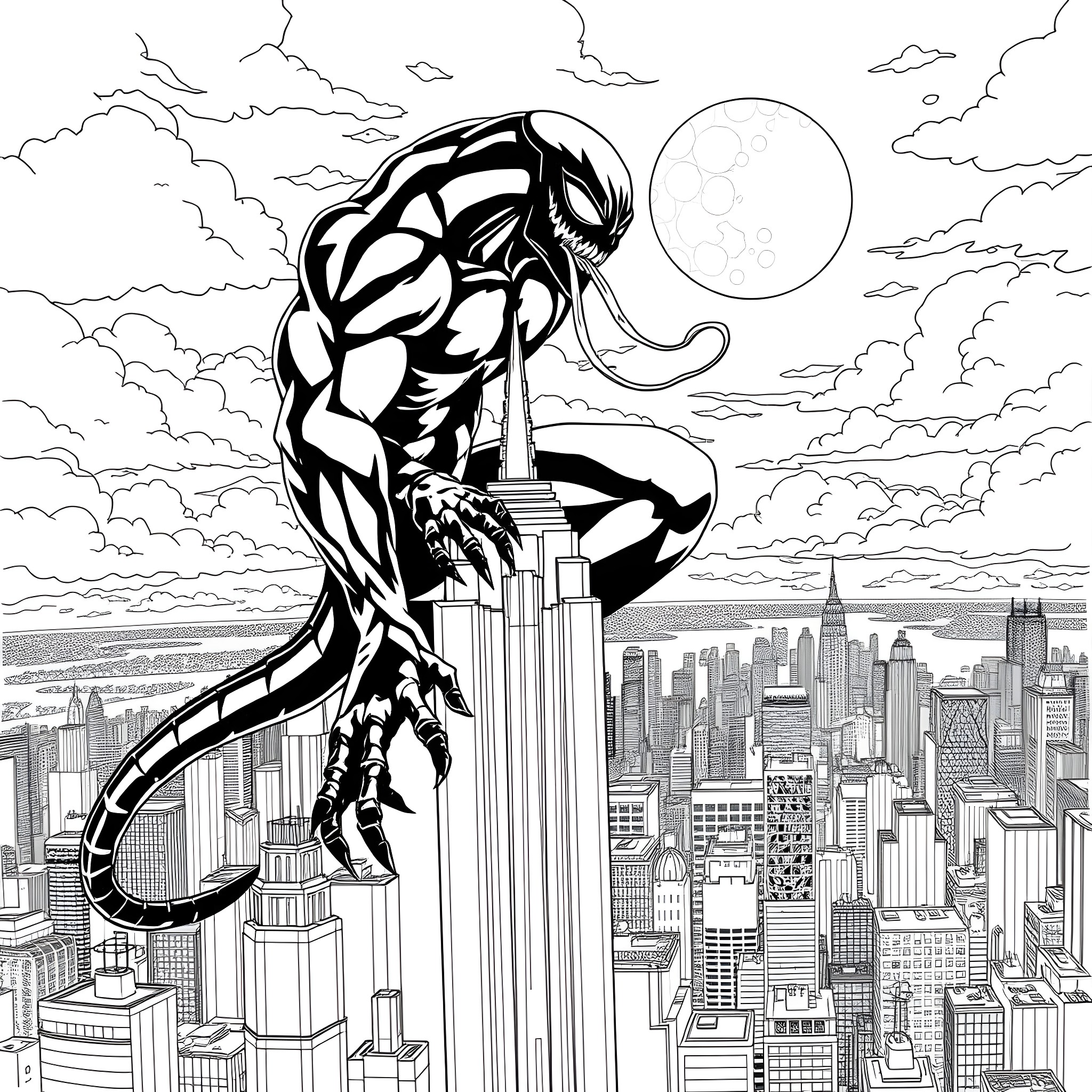 Hulk Overlooking the City Under the Moon Coloring Page (free black-and-white line drawing printable PDF for all, from beginners to advanced learners, including children, teens, adults, and seniors)