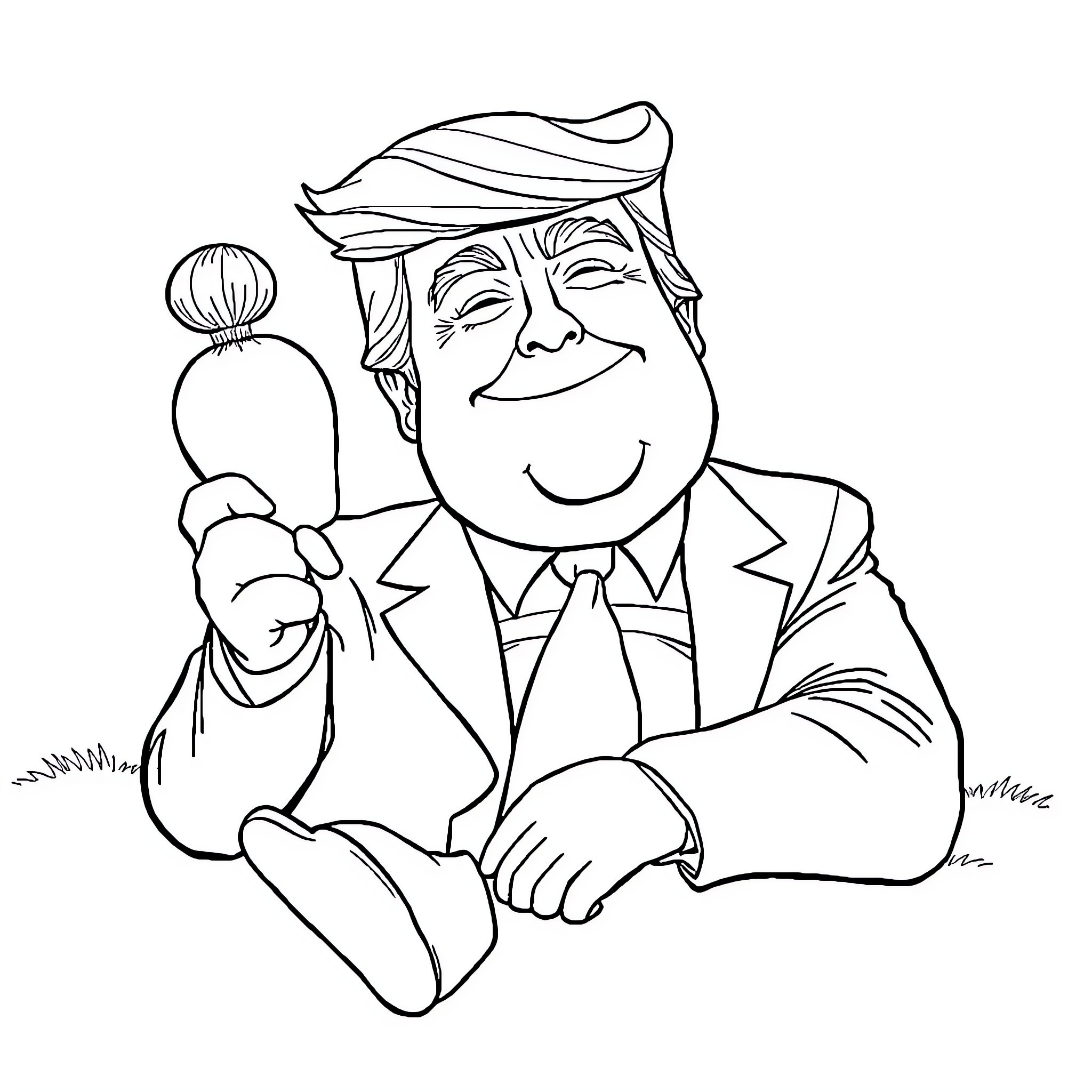 Donald Trump sitting and smiling in cartoon style Coloring Page (free black-and-white line drawing printable PDF for all, from beginners to advanced learners, including children, teens, adults, and seniors)