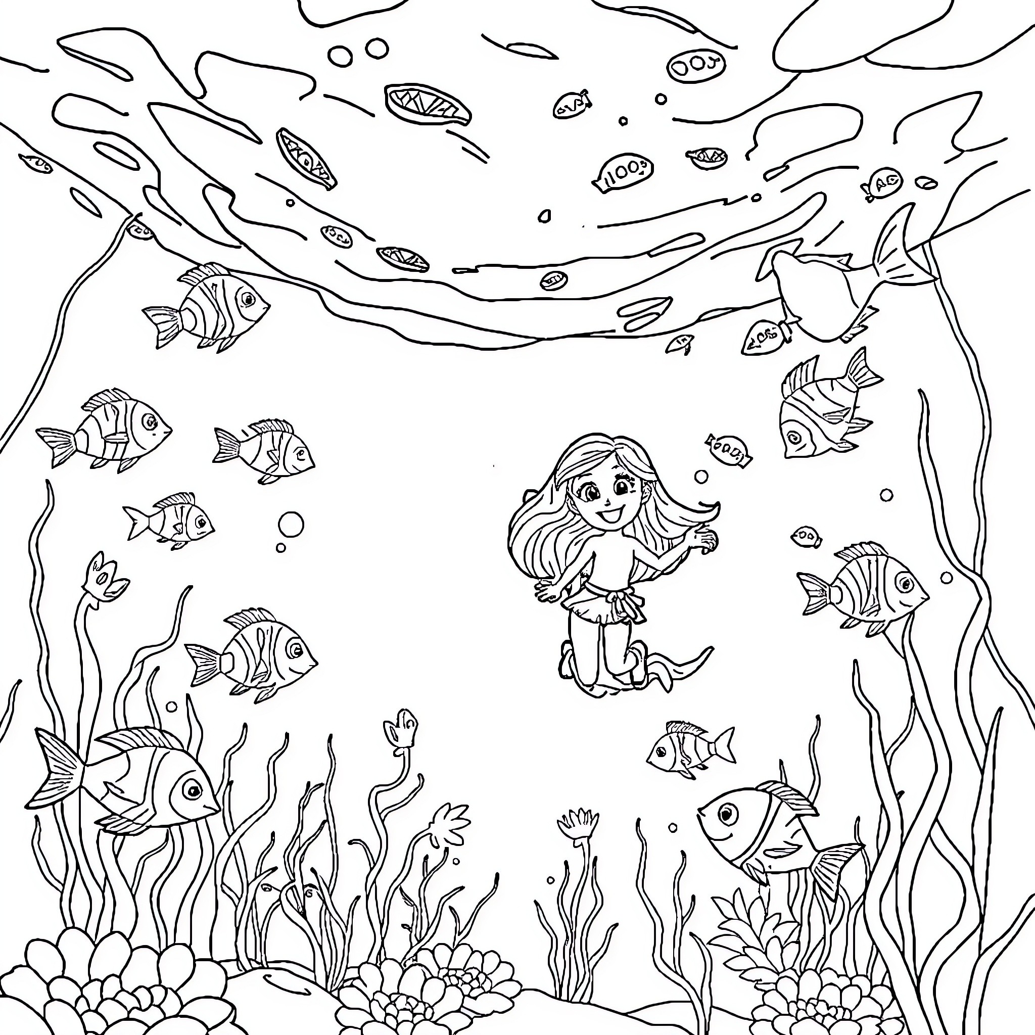 Arielle exploring the wondrous underwater world Coloring Page (free black-and-white line drawing printable PDF for all, from beginners to advanced learners, including children, teens, adults, and seniors)