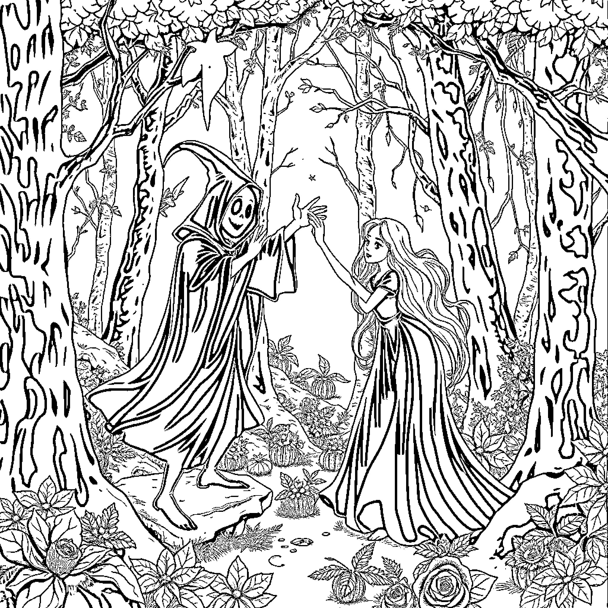 Ghost of the Enchanted Forest Coloring Page (free black-and-white line drawing printable PDF for all, from beginners to advanced learners, including children, teens, adults, and seniors)
