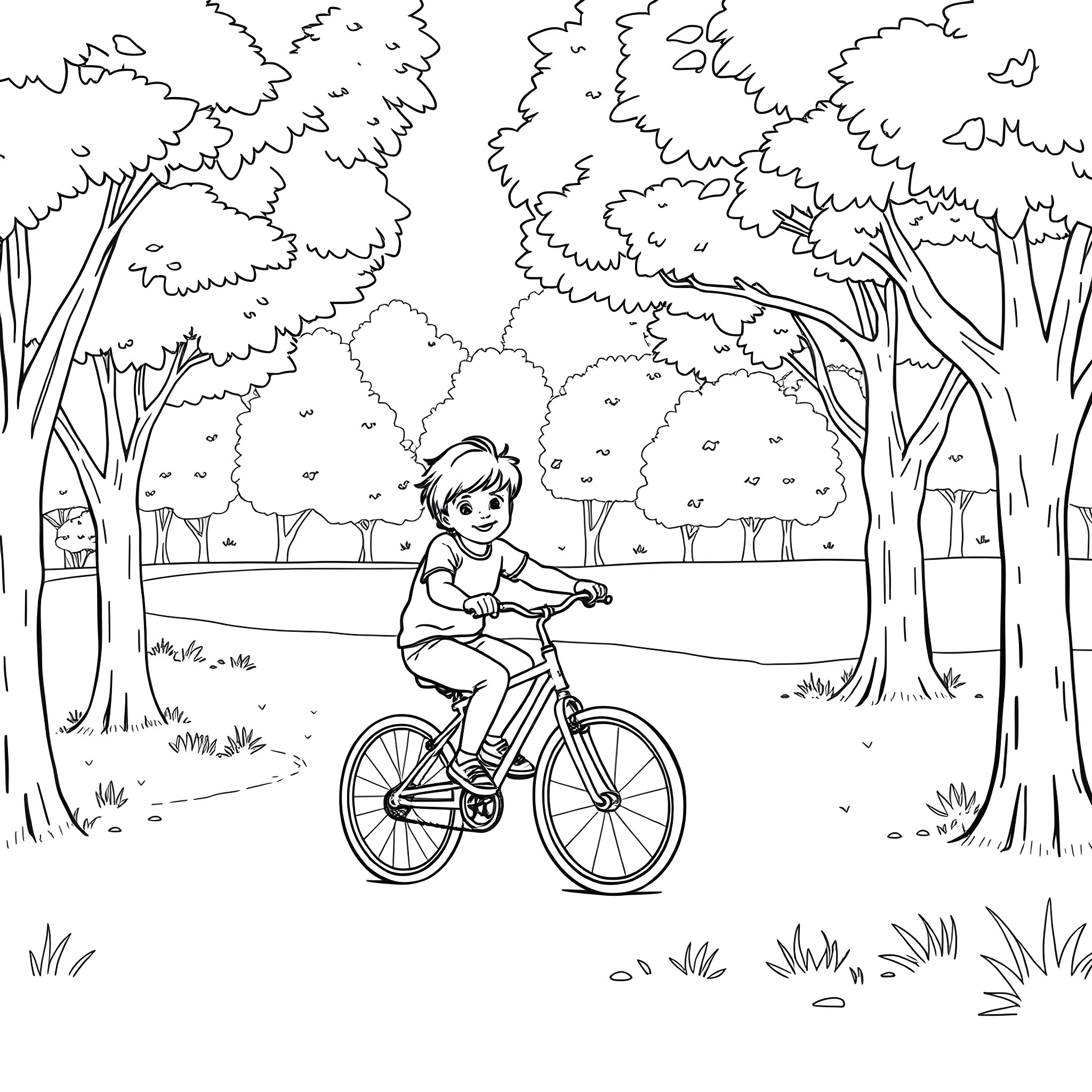 Child riding bicycle in the forest Coloring Page (free black-and-white line drawing printable PDF for all, from beginners to advanced learners, including children, teens, adults, and seniors)