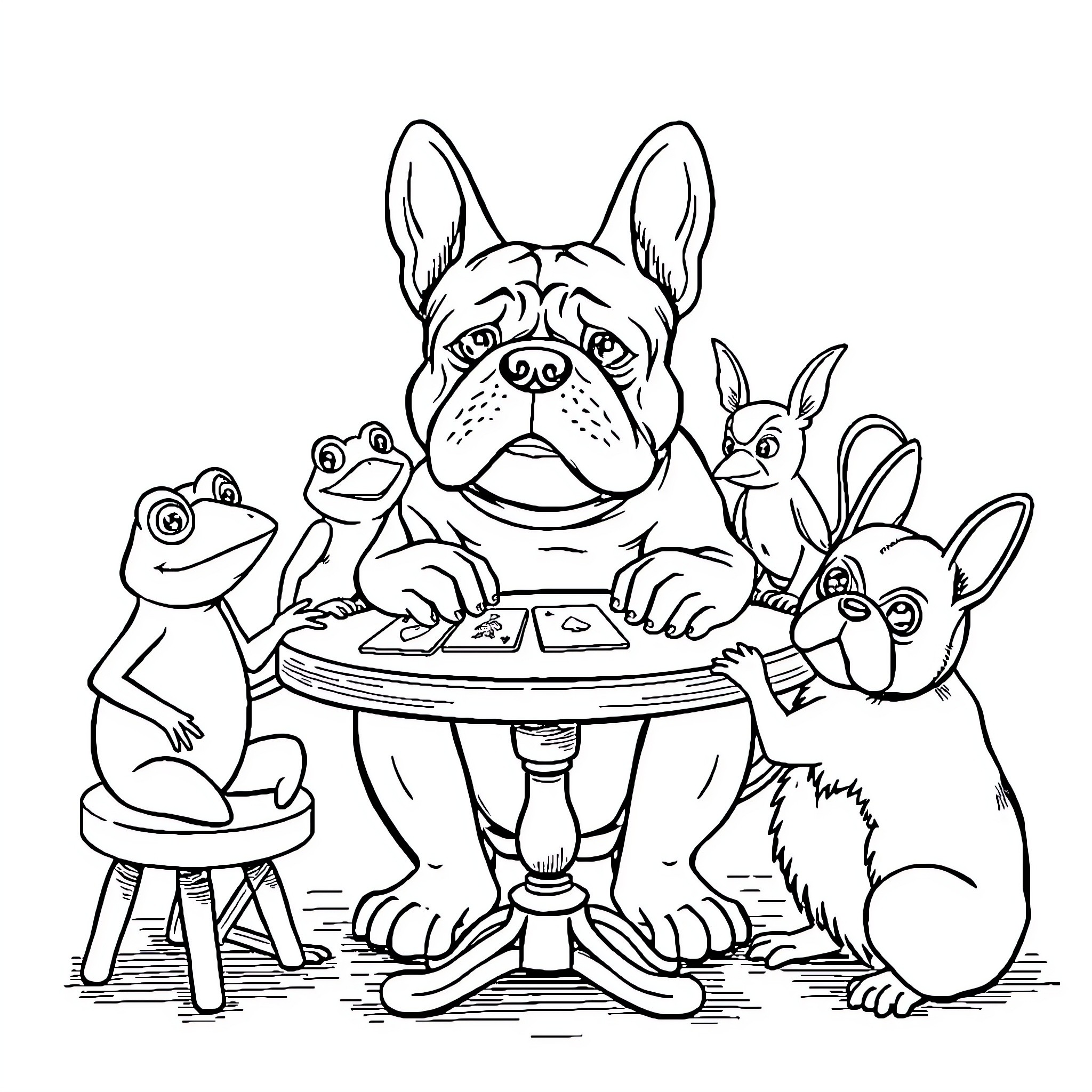 Bulldog playing games with animal friends Coloring Page (free black-and-white line drawing printable PDF for all, from beginners to advanced learners, including children, teens, adults, and seniors)