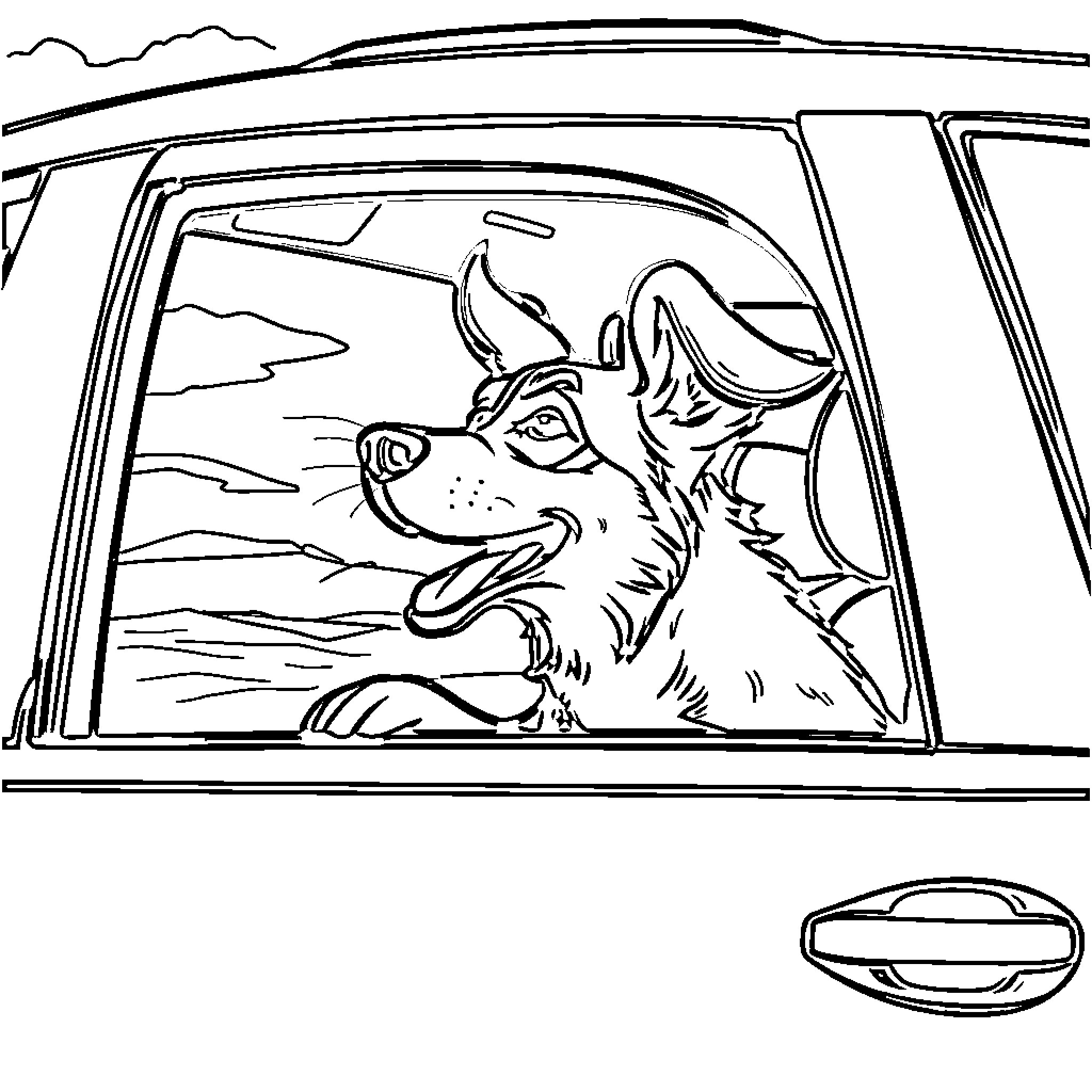 Dog Enjoying the Ride through the Countryside Coloring Page (free black-and-white line drawing printable PDF for all, from beginners to advanced learners, including children, teens, adults, and seniors)