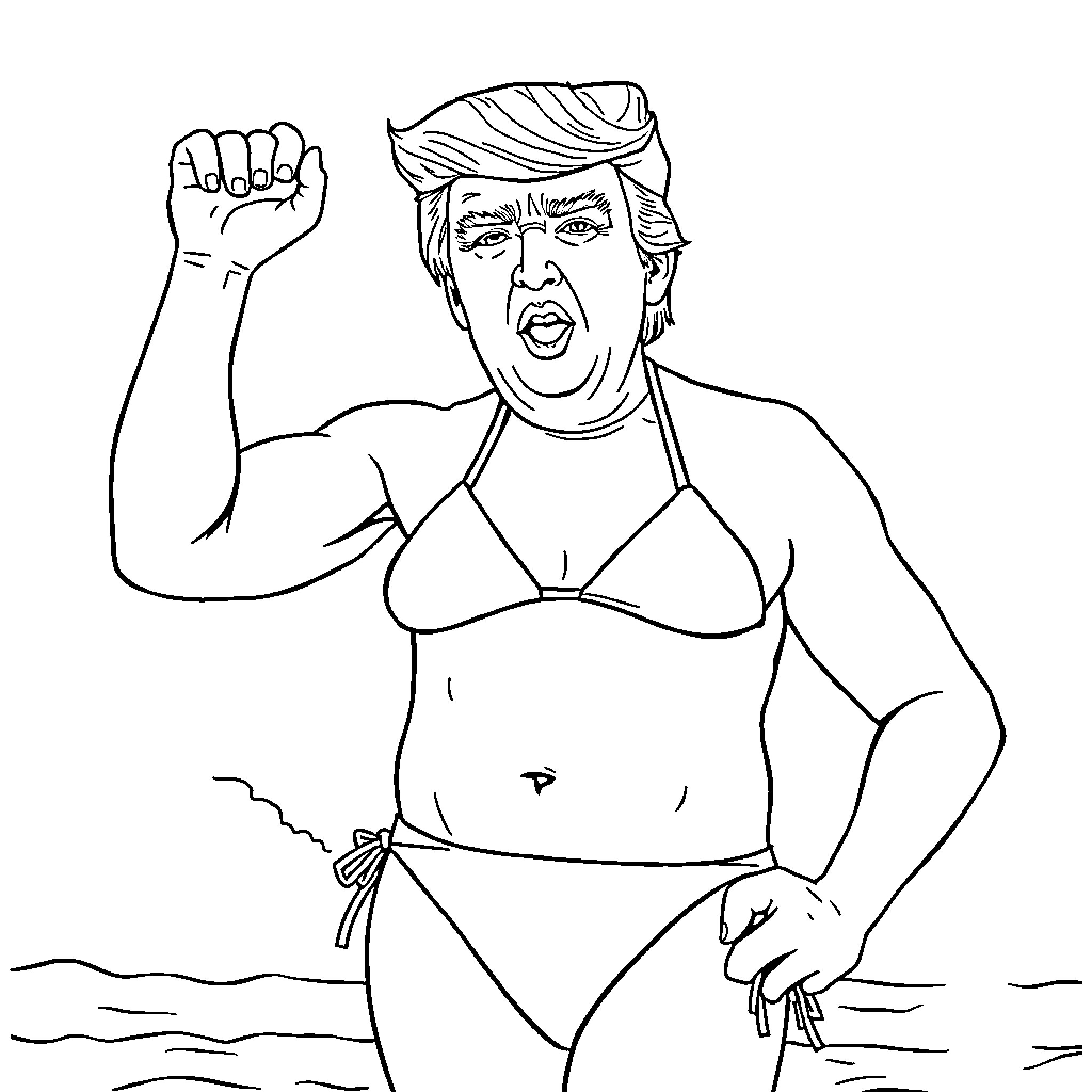 Donald Trump in Confrontational Swimsuit Pose Coloring Page (free black-and-white line drawing printable PDF for all, from beginners to advanced learners, including children, teens, adults, and seniors)