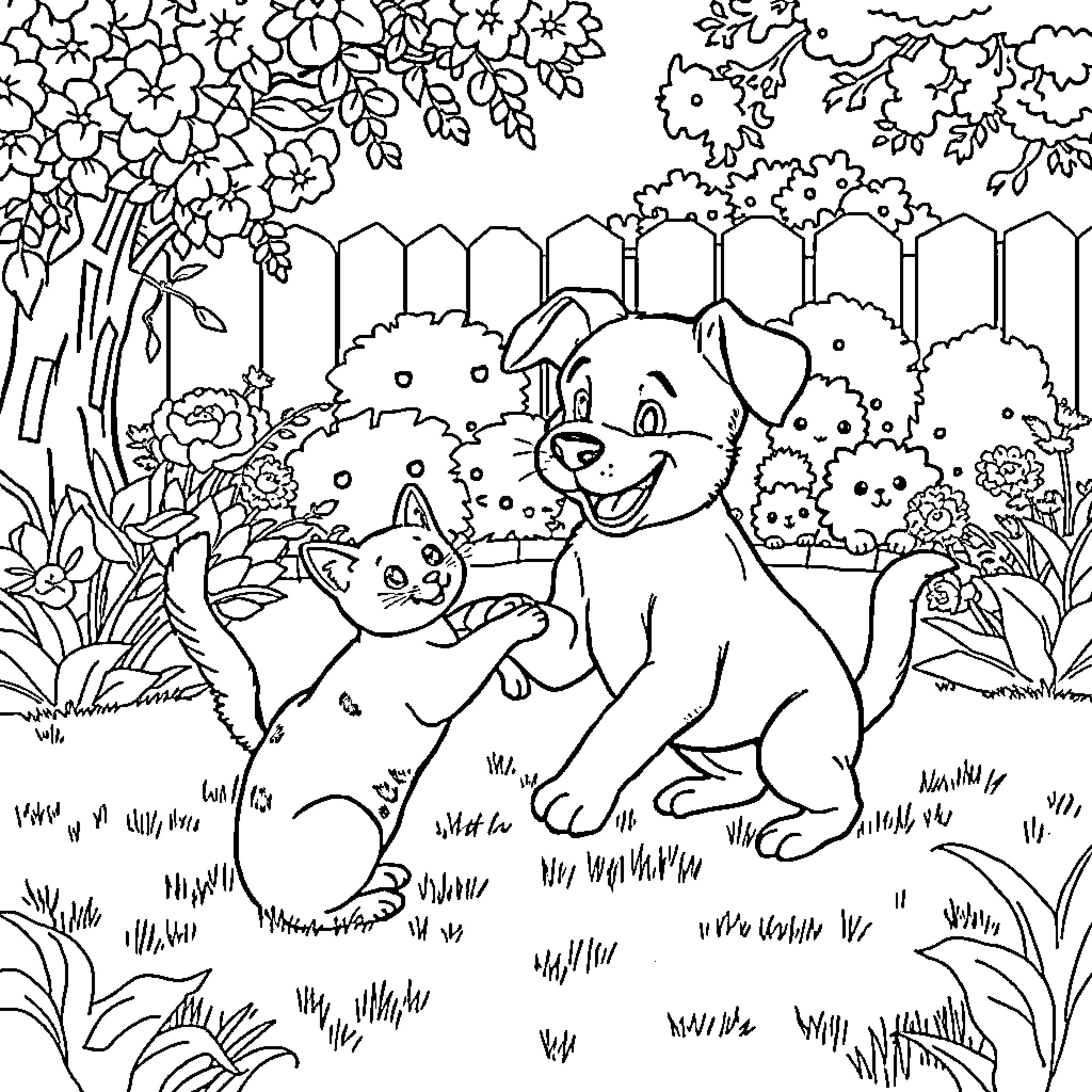 Dog and Puppy Playing in Garden Coloring Page (free black-and-white line drawing printable PDF for all, from beginners to advanced learners, including children, teens, adults, and seniors)