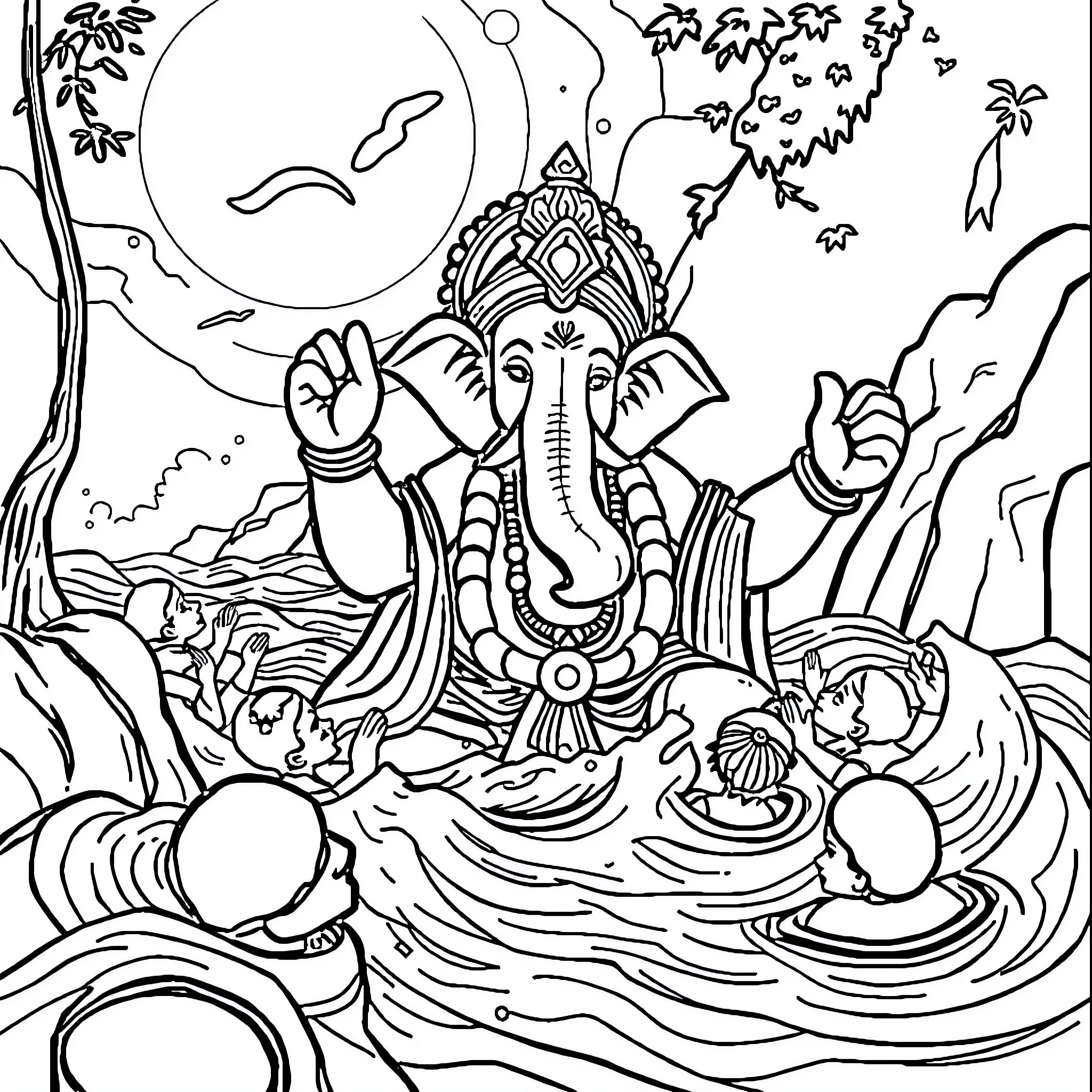 Ganapati Enjoying Nature's Blessings Coloring Page (free black-and-white line drawing printable PDF for all, from beginners to advanced learners, including children, teens, adults, and seniors)