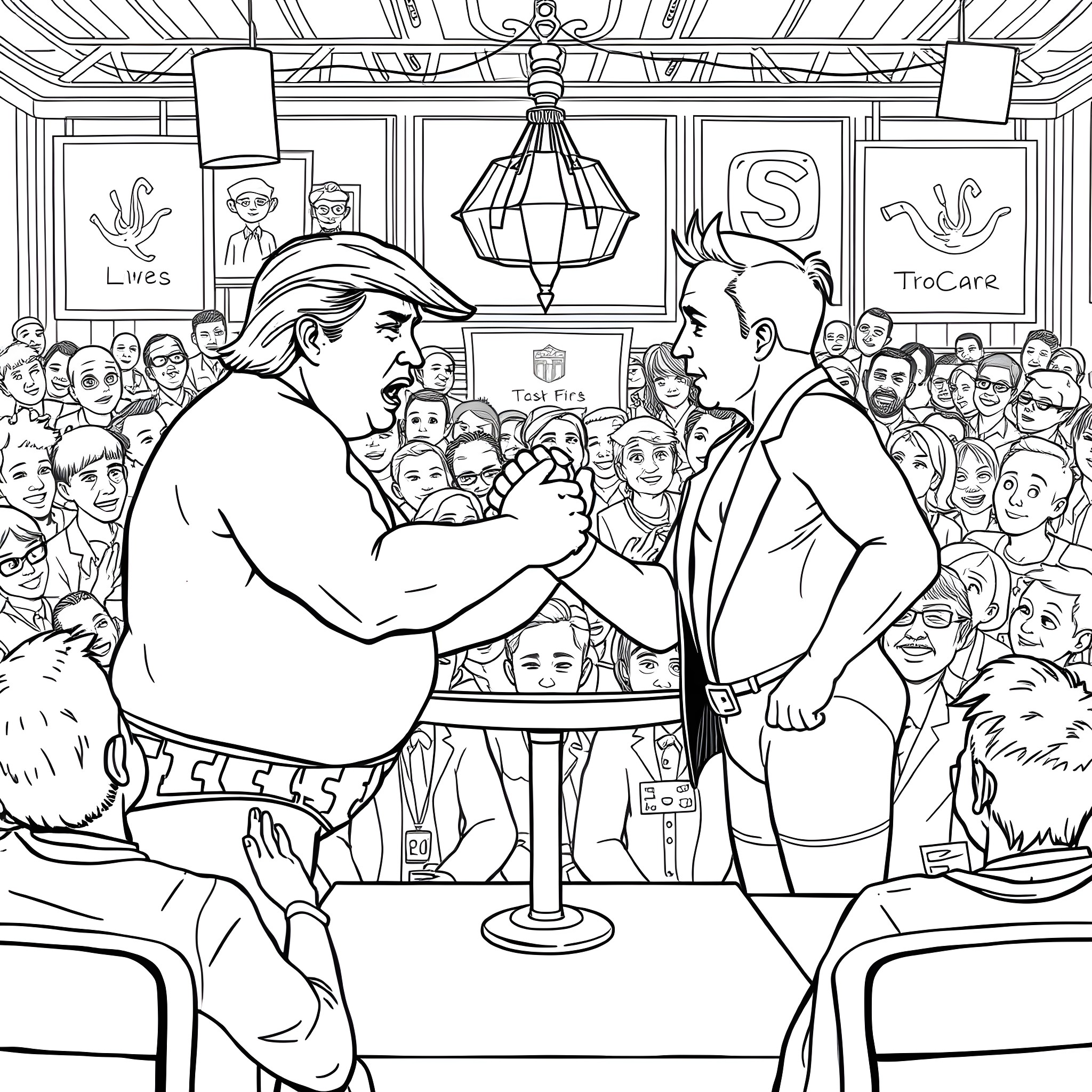 Donald Trump and another person shaking hands in a crowded room Coloring Page (free black-and-white line drawing printable PDF for all, from beginners to advanced learners, including children, teens, adults, and seniors)