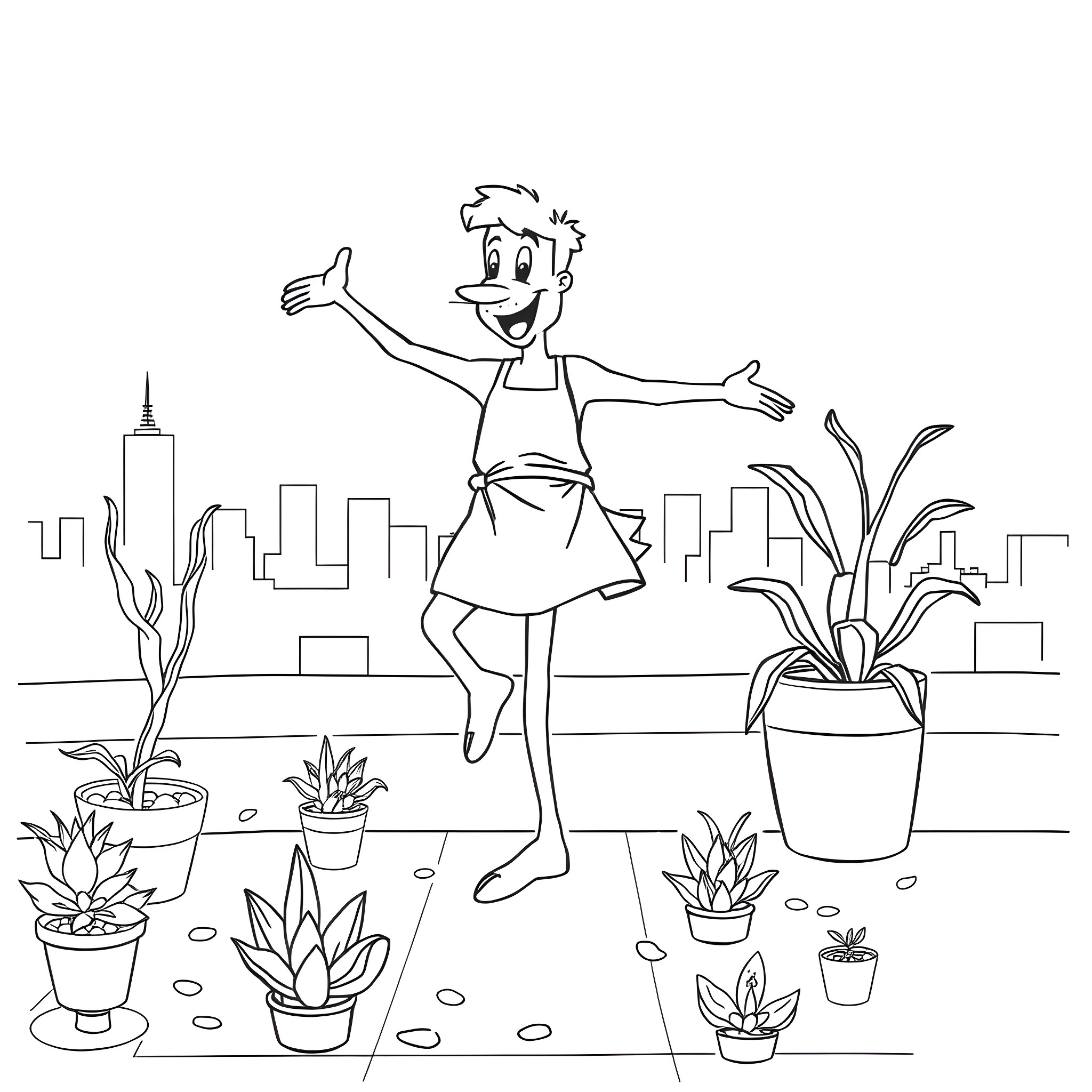 Bob excitedly tending to plants in the city Coloring Page (free black-and-white line drawing printable PDF for all, from beginners to advanced learners, including children, teens, adults, and seniors)