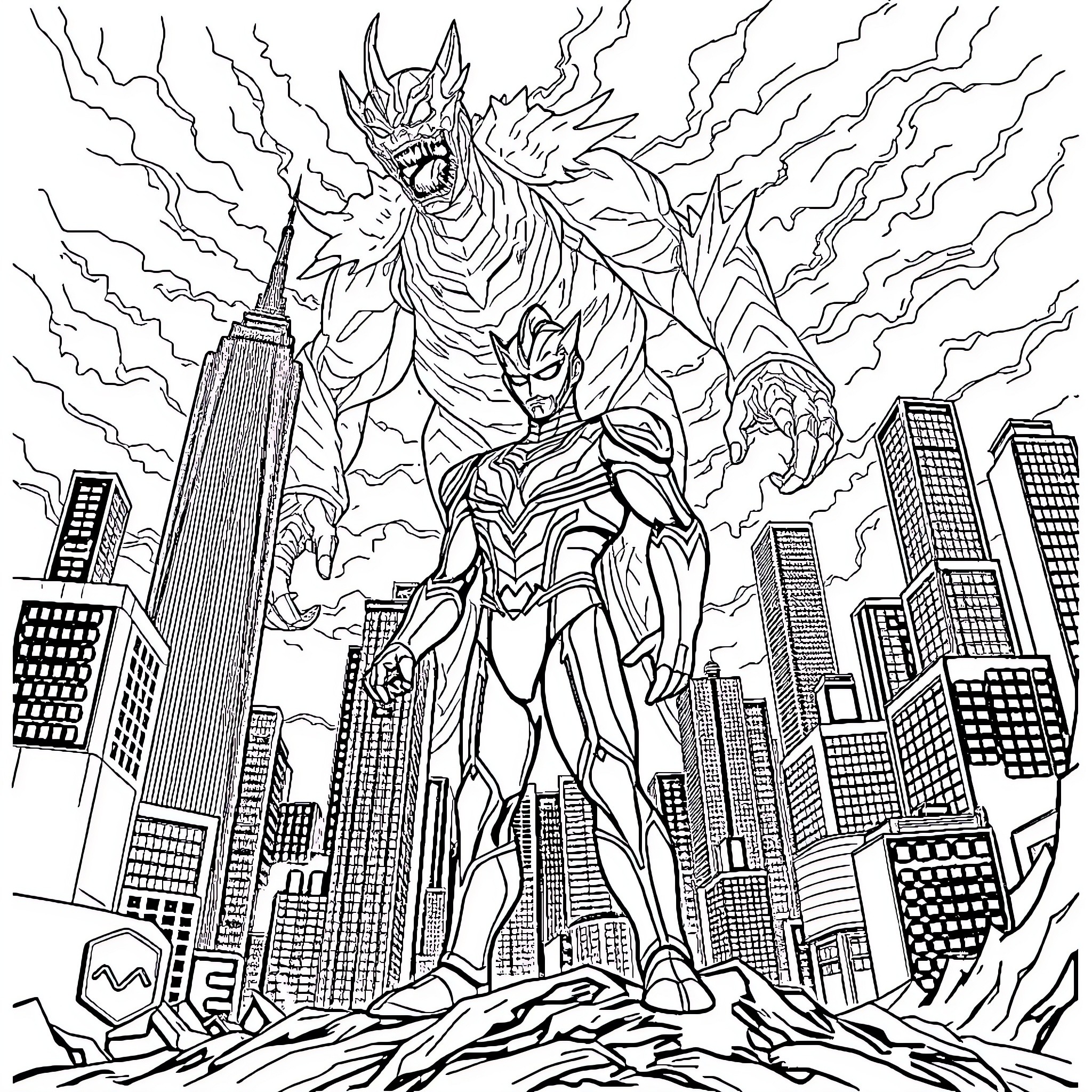 Ultraman Unleashes Colossal Destruction in Towering Metropolis Coloring Page (free black-and-white line drawing printable PDF for all, from beginners to advanced learners, including children, teens, adults, and seniors)