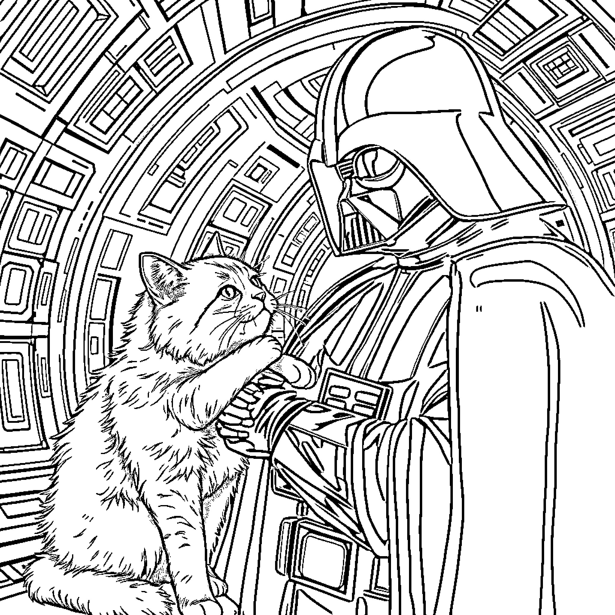 Darth Vader's Feline Companion Coloring Page (free black-and-white line drawing printable PDF for all, from beginners to advanced learners, including children, teens, adults, and seniors)