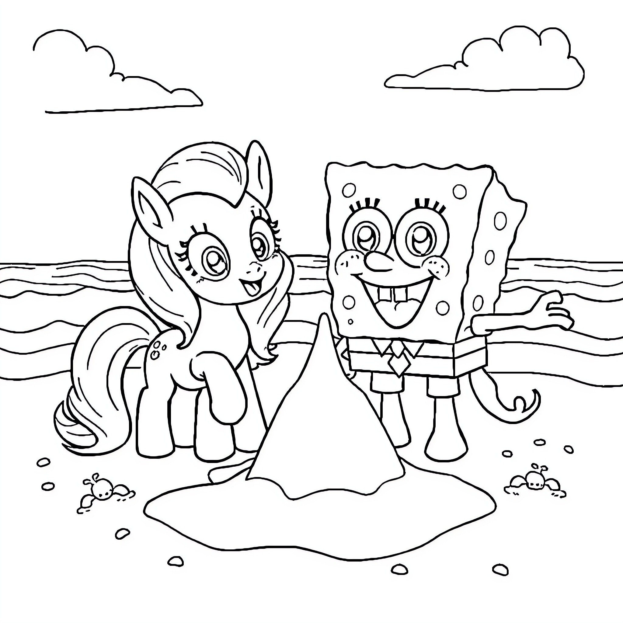 Pony and Spongebob playing happily on the beach Coloring Page (free black-and-white line drawing printable PDF for all, from beginners to advanced learners, including children, teens, adults, and seniors)