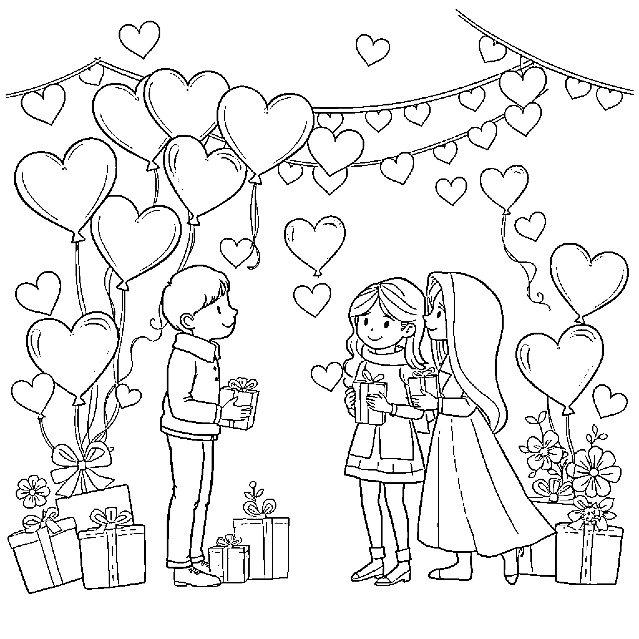 Valentine's Day Celebration with Hearts and Gifts Coloring Page (free black-and-white line drawing printable PDF for all, from beginners to advanced learners, including children, teens, adults, and seniors)