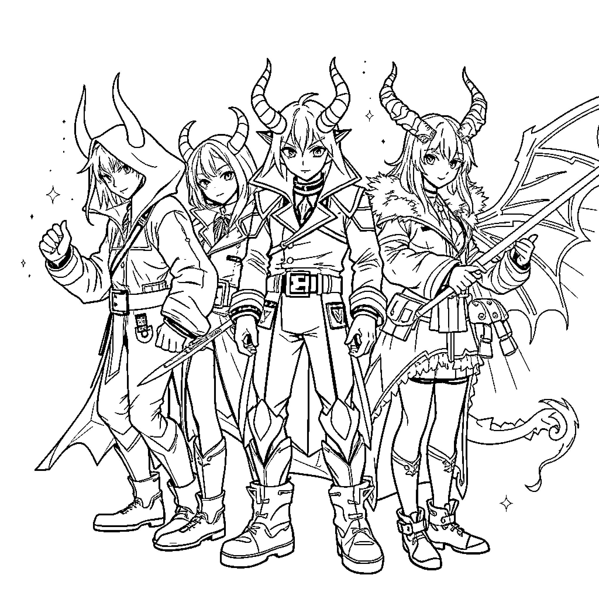 Demon Hunters in Fierce Battle Attire Coloring Page (free black-and-white line drawing printable PDF for all, from beginners to advanced learners, including children, teens, adults, and seniors)