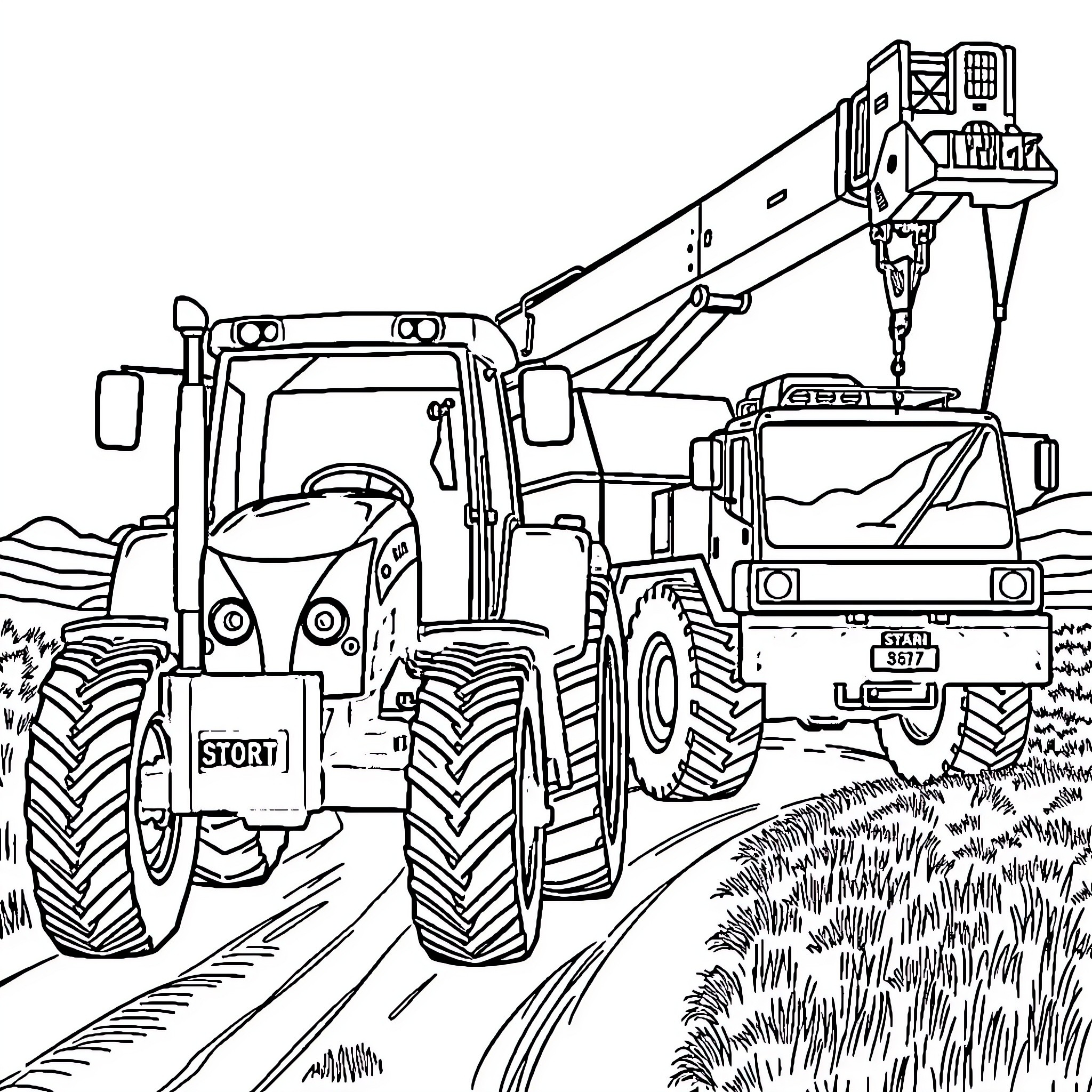 Tractor with crane at construction site Coloring Page (free black-and-white line drawing printable PDF for all, from beginners to advanced learners, including children, teens, adults, and seniors)