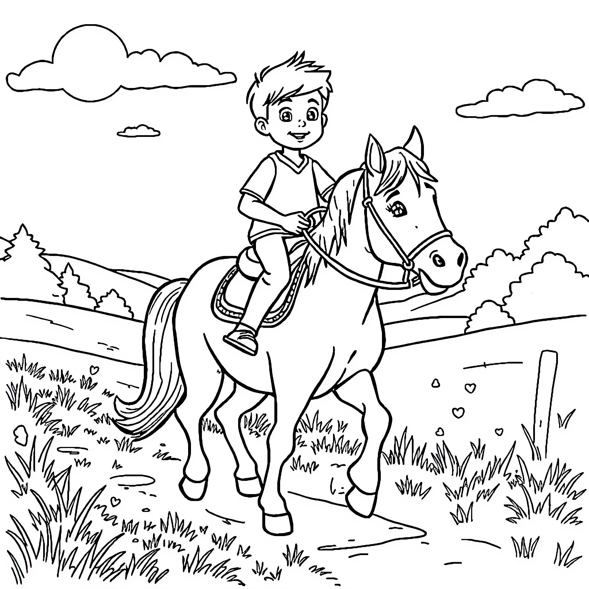 Horse riding adventure in the countryside Coloring Page (free black-and-white line drawing printable PDF for all, from beginners to advanced learners, including children, teens, adults, and seniors)