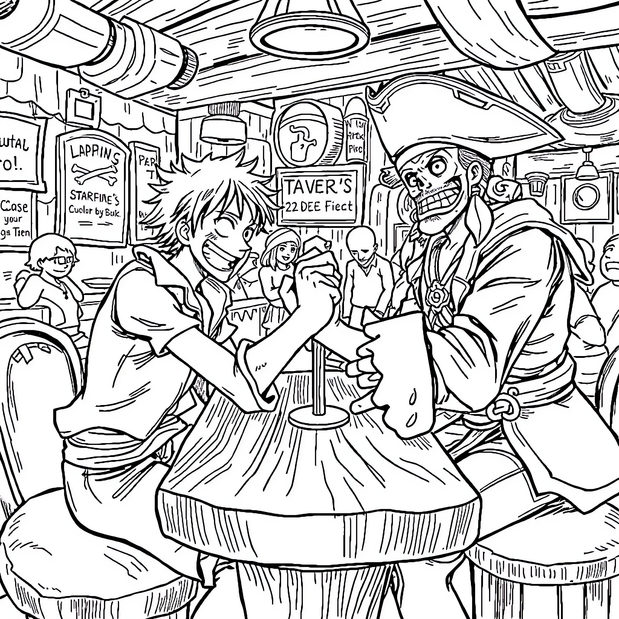 Luffy's Lively Adventure in Taver's Booze Filled Hangout Coloring Page (free black-and-white line drawing printable PDF for all, from beginners to advanced learners, including children, teens, adults, and seniors)