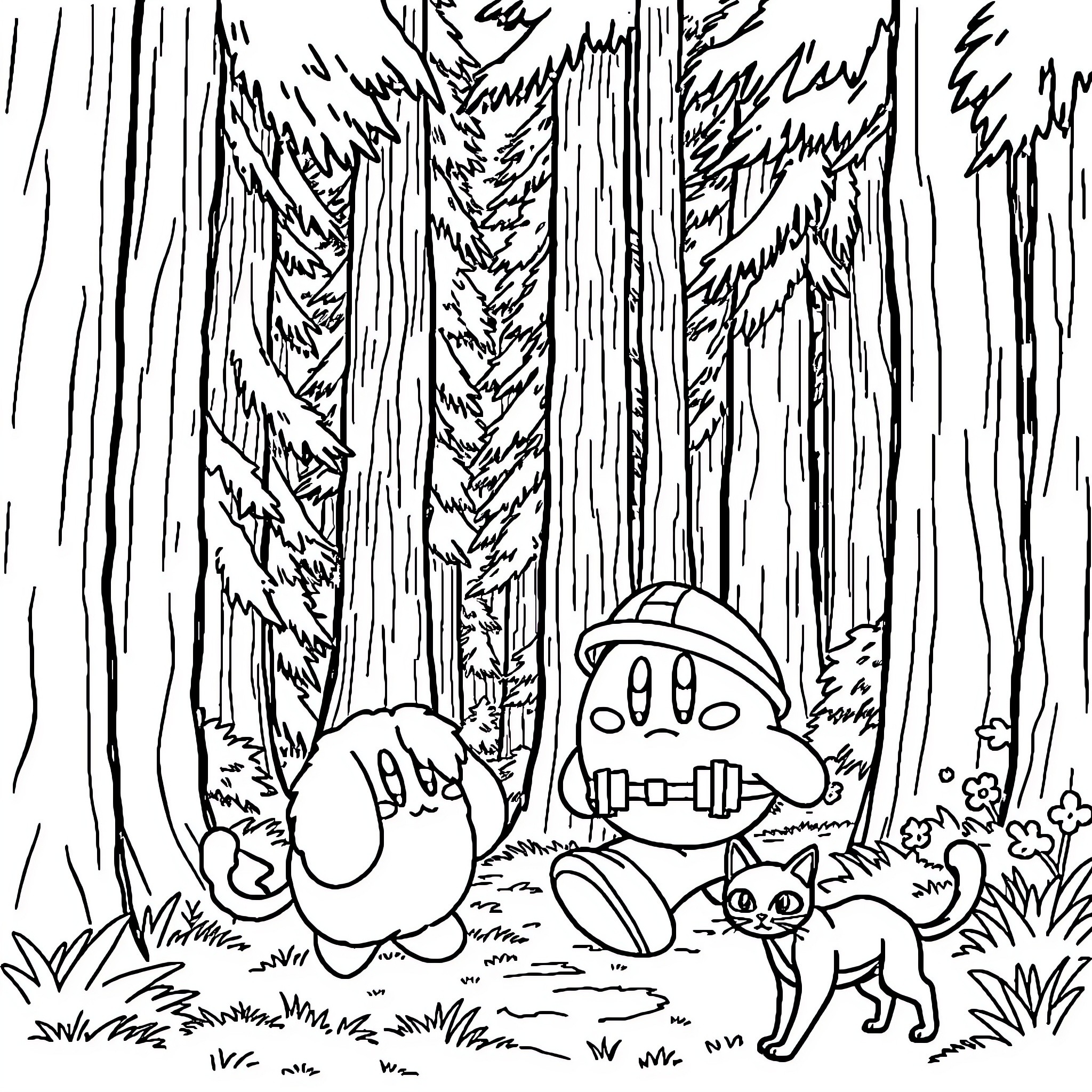 Kirby Exploring a Mysterious Forest Coloring Page (free black-and-white line drawing printable PDF for all, from beginners to advanced learners, including children, teens, adults, and seniors)