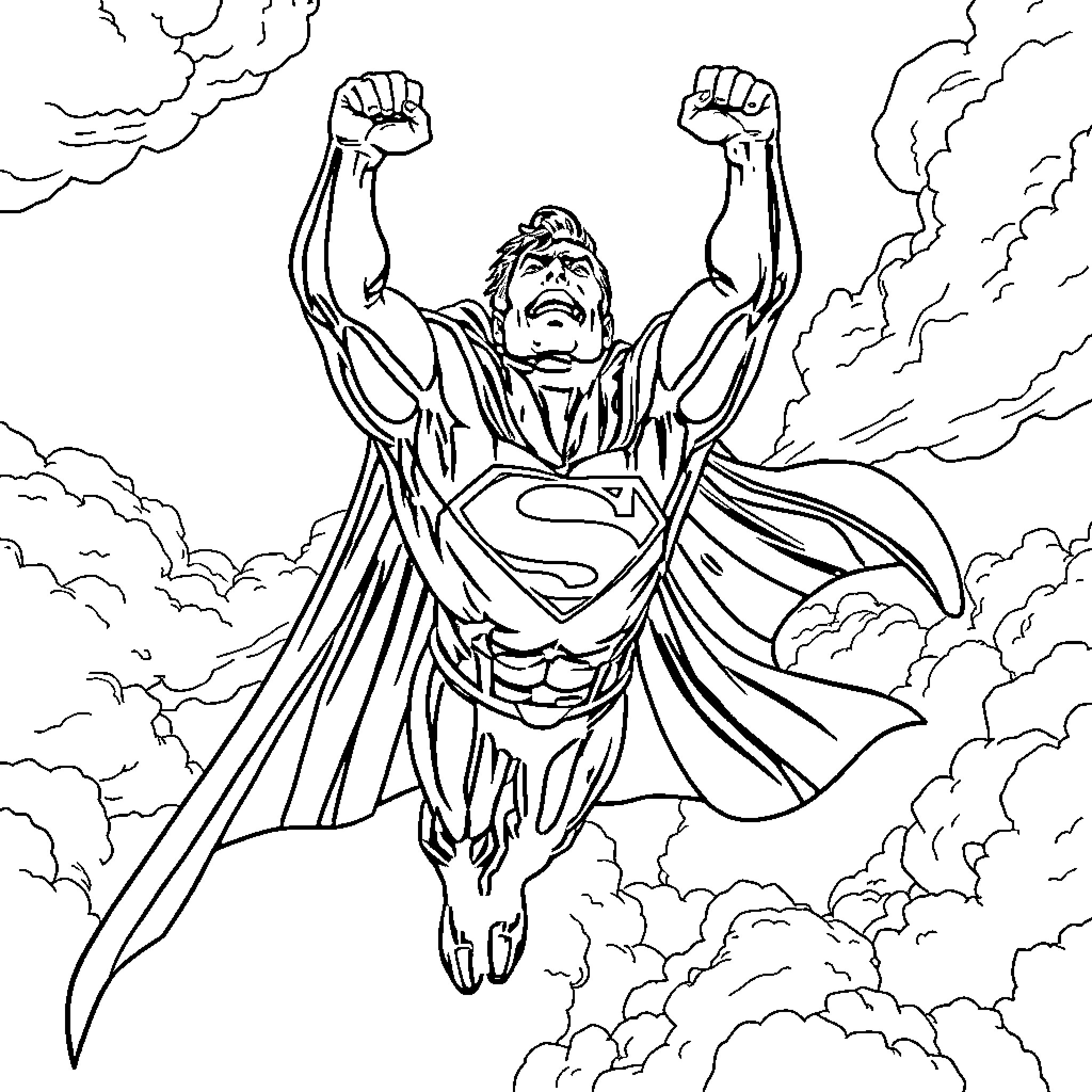Superman soaring in the clouds with triumphant pose Coloring Page (free black-and-white line drawing printable PDF for all, from beginners to advanced learners, including children, teens, adults, and seniors)