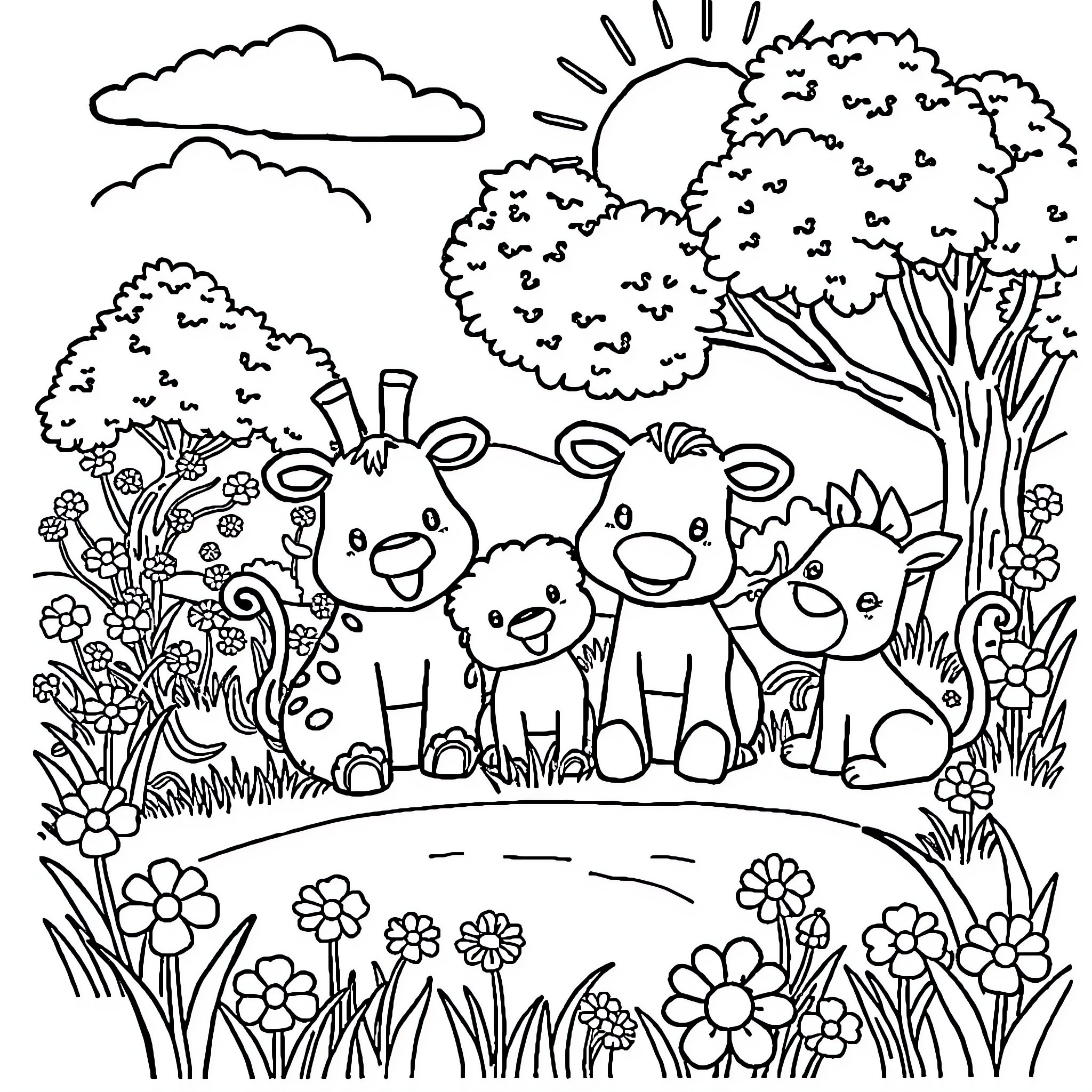 Animals playing joyfully in a flowery meadow Coloring Page (free black-and-white line drawing printable PDF for all, from beginners to advanced learners, including children, teens, adults, and seniors)