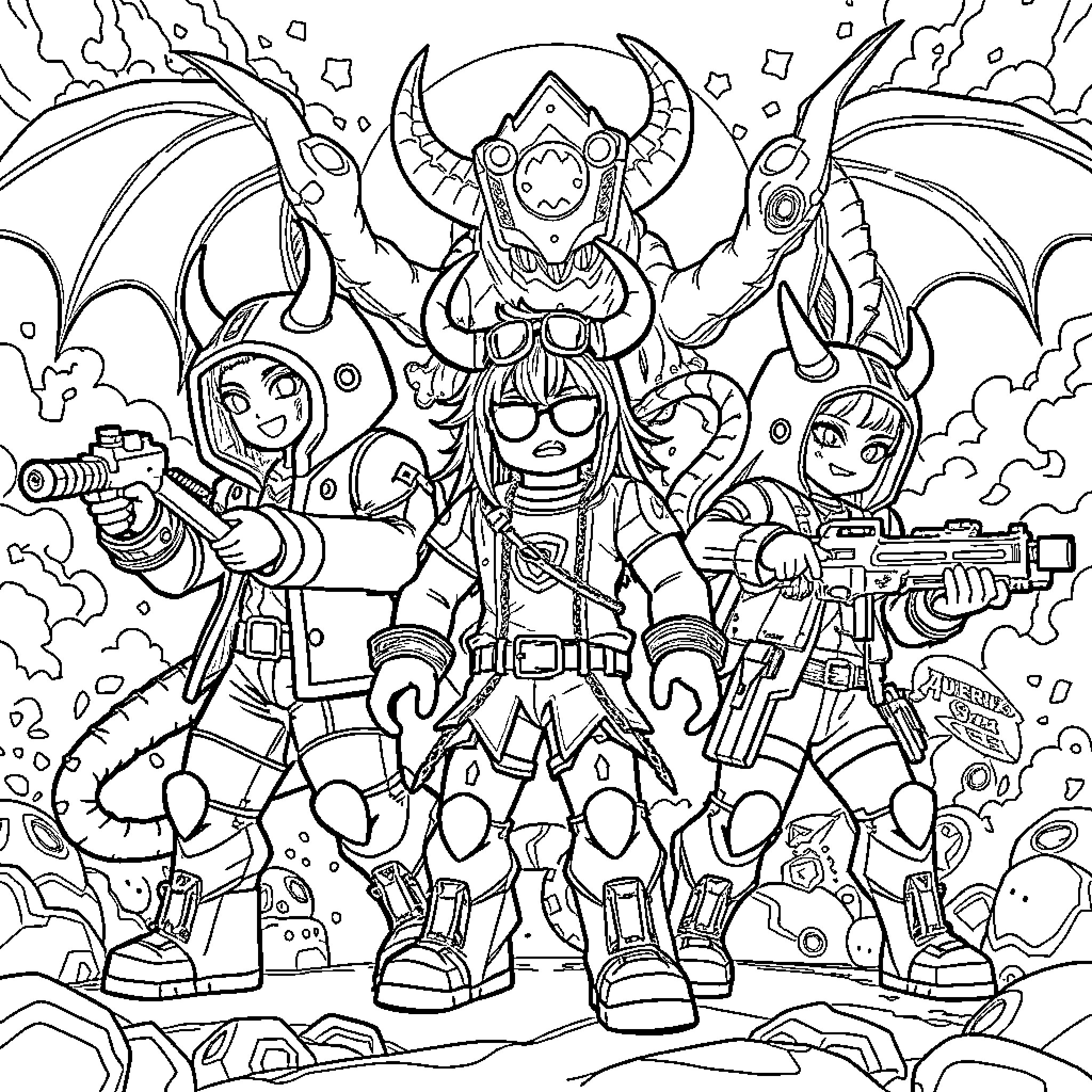 Demon Hunter Leads a Crew of Futuristic Warriors Coloring Page (free black-and-white line drawing printable PDF for all, from beginners to advanced learners, including children, teens, adults, and seniors)