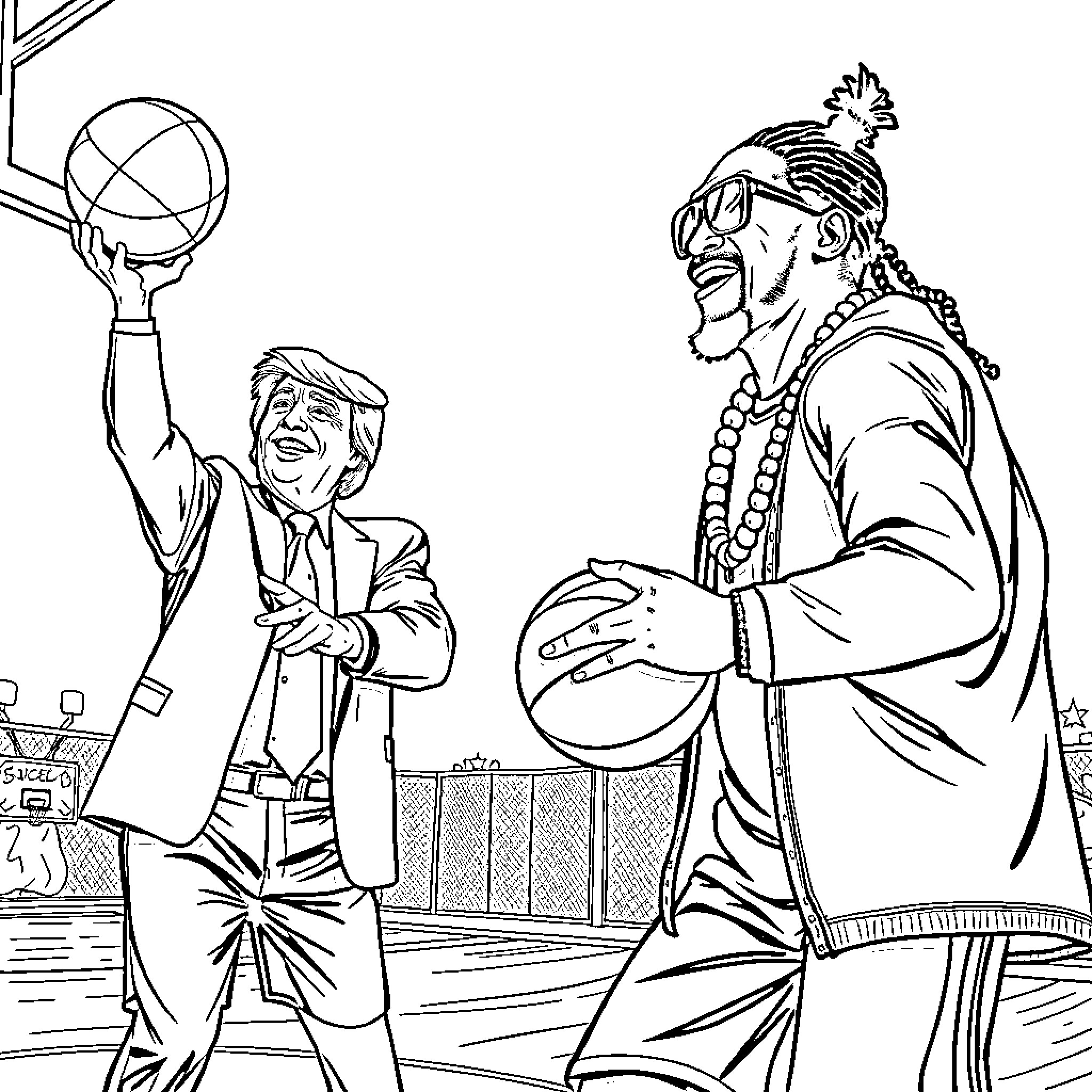 Donald Trump Shooting Hoops with a Tribal Chief Coloring Page (free black-and-white line drawing printable PDF for all, from beginners to advanced learners, including children, teens, adults, and seniors)