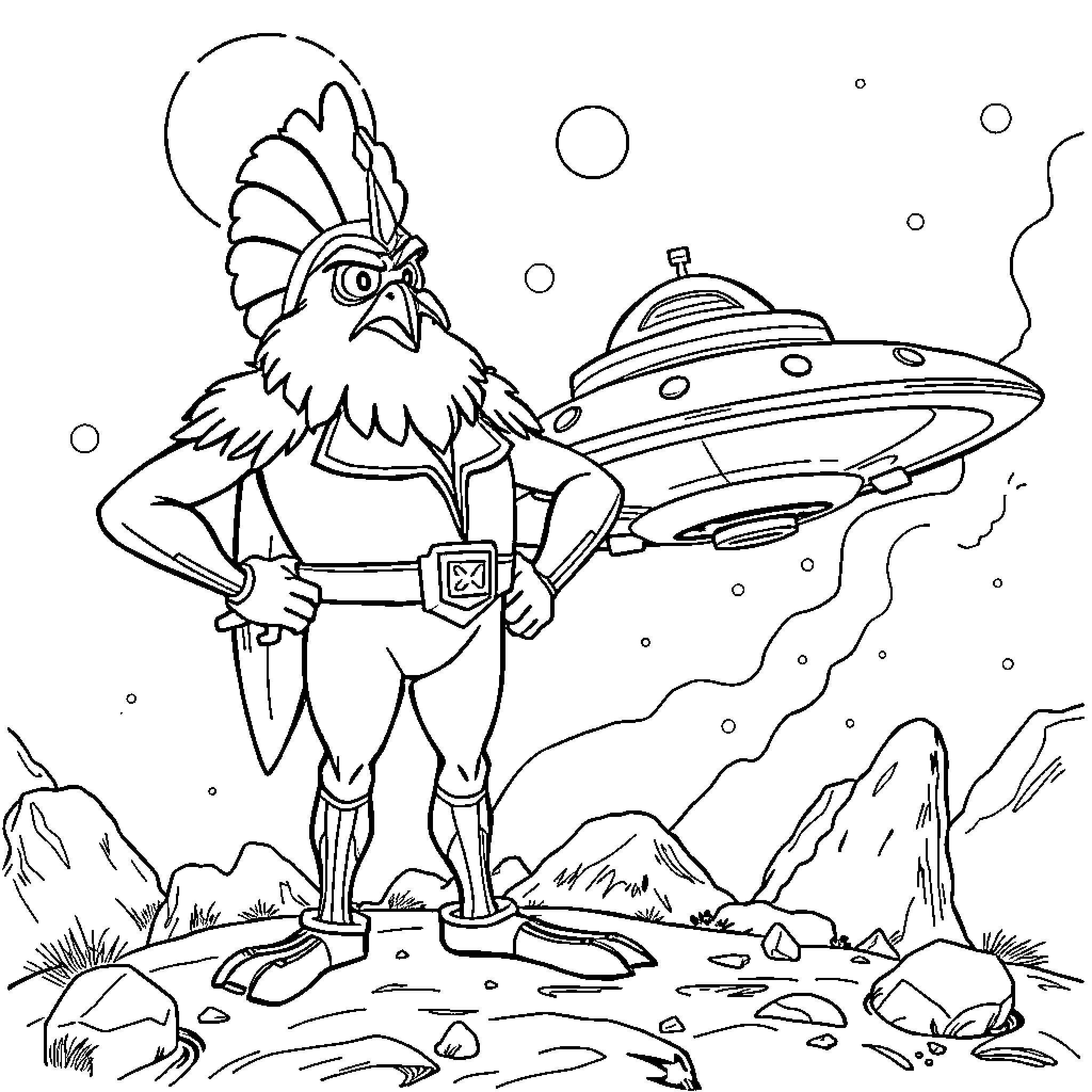 Goldorak standing heroically with a UFO in the background Coloring Page (free black-and-white line drawing printable PDF for all, from beginners to advanced learners, including children, teens, adults, and seniors)