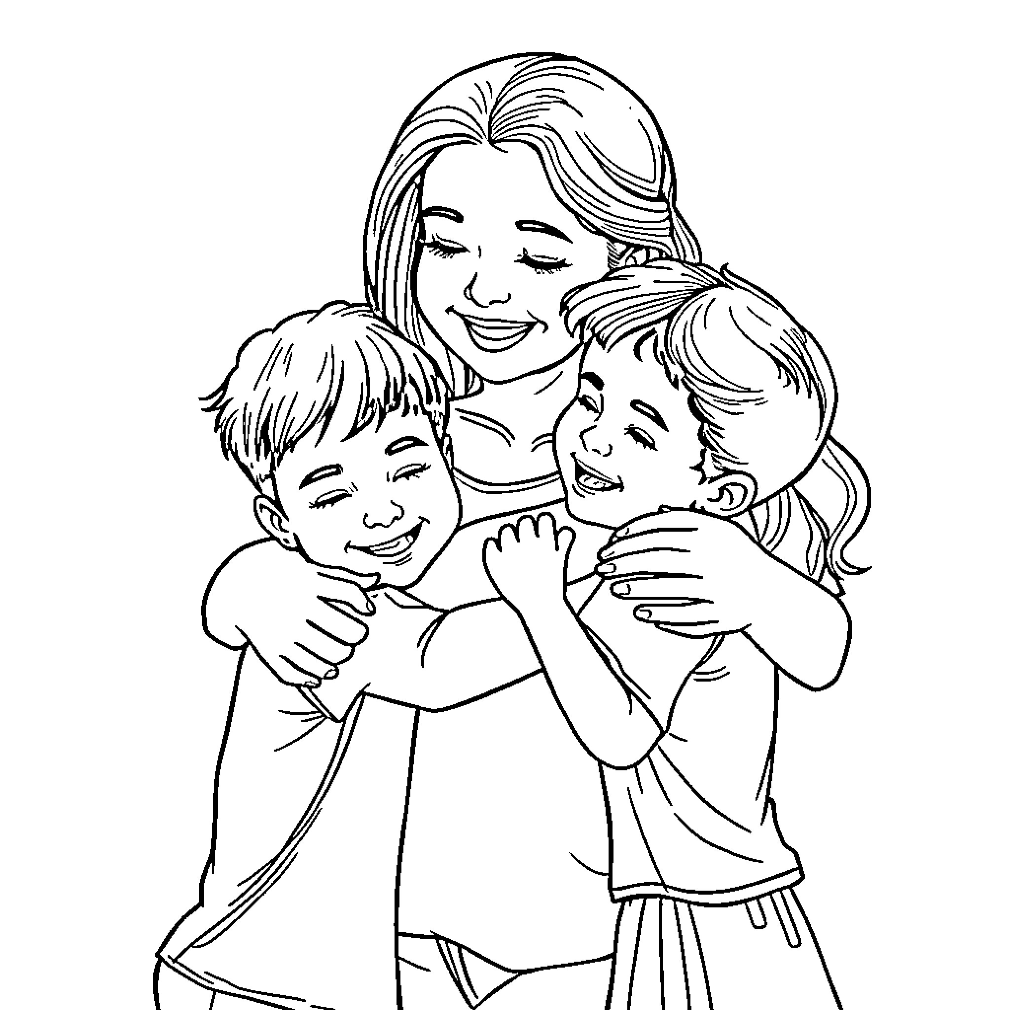 Family enjoying a heartwarming embrace Coloring Page (free black-and-white line drawing printable PDF for all, from beginners to advanced learners, including children, teens, adults, and seniors)
