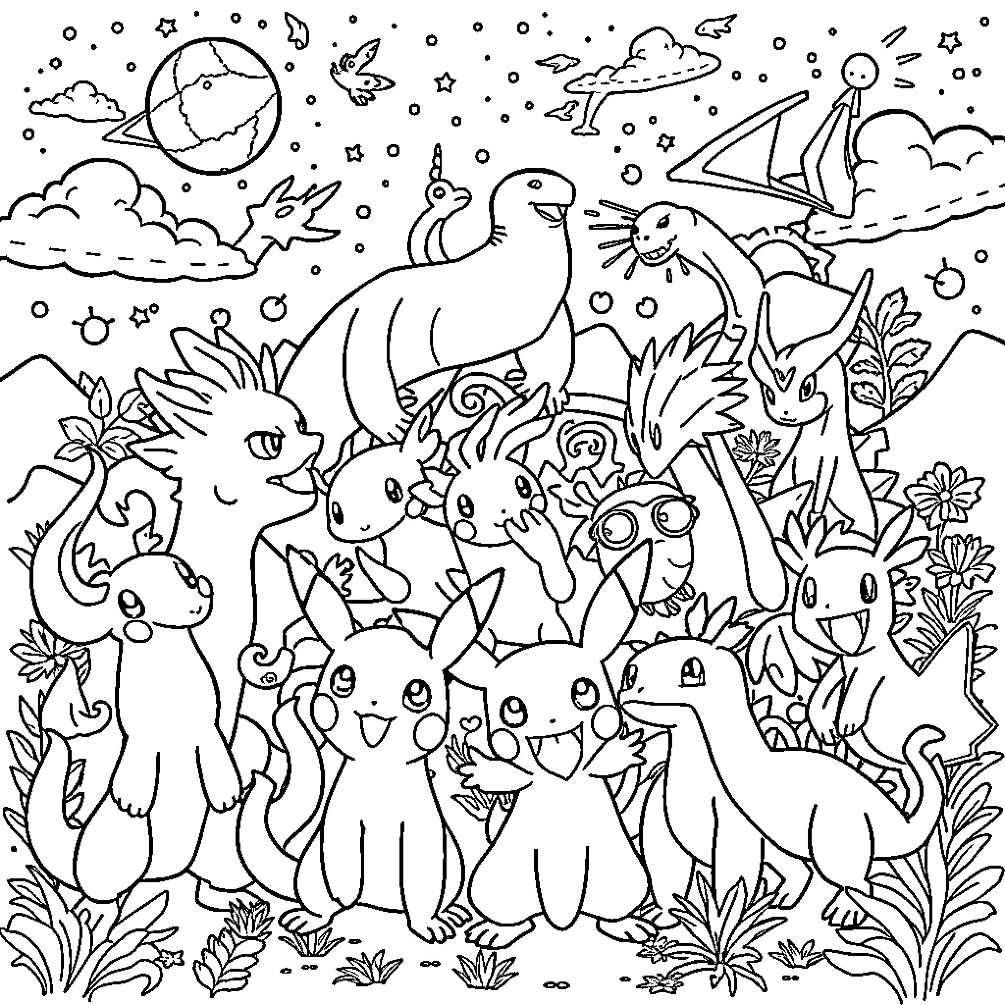 Pokémon Joyful Gathering in a Whimsical Landscape Coloring Page (free black-and-white line drawing printable PDF for all, from beginners to advanced learners, including children, teens, adults, and seniors)