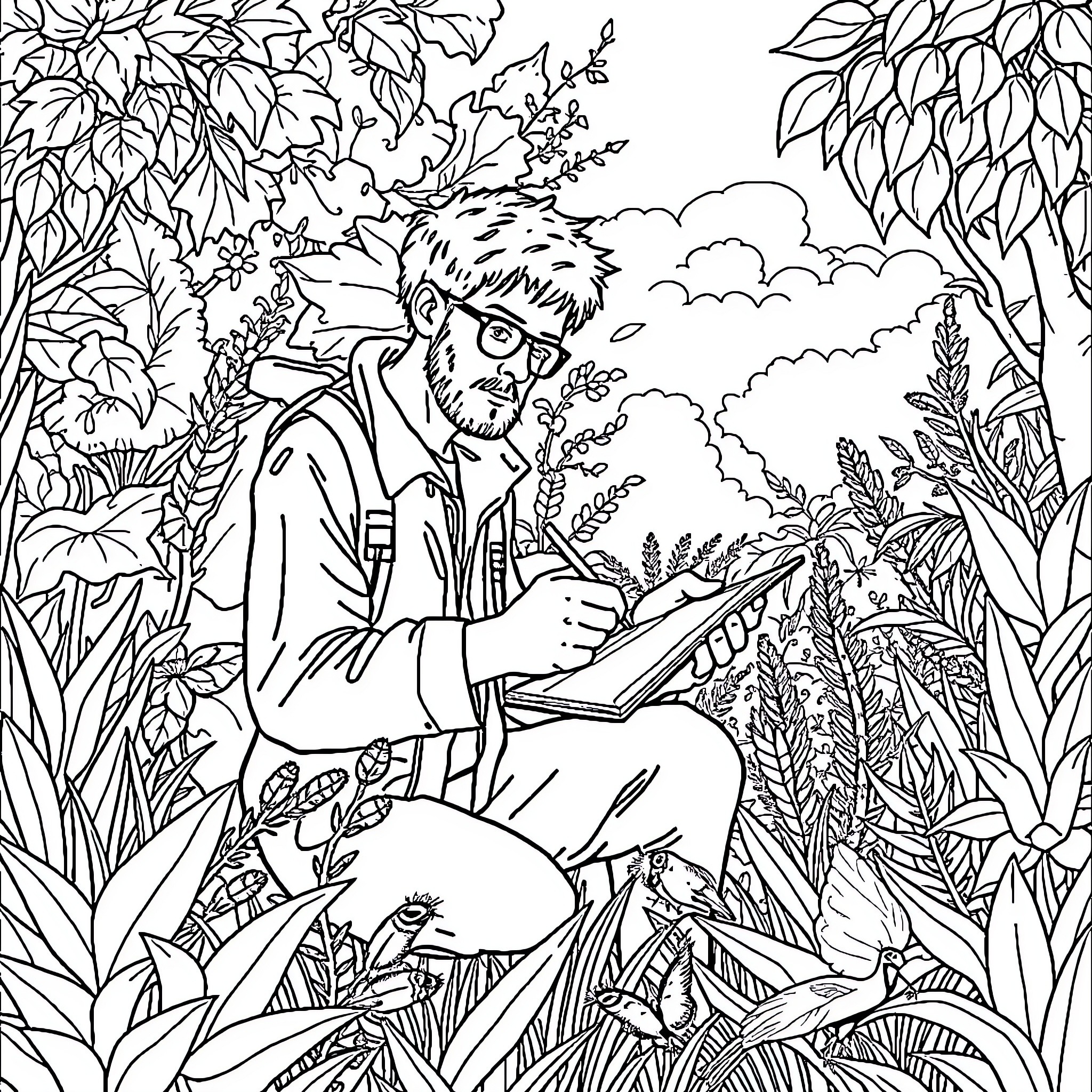 Scientist exploring lush vegetation in the wild Coloring Page (free black-and-white line drawing printable PDF for all, from beginners to advanced learners, including children, teens, adults, and seniors)