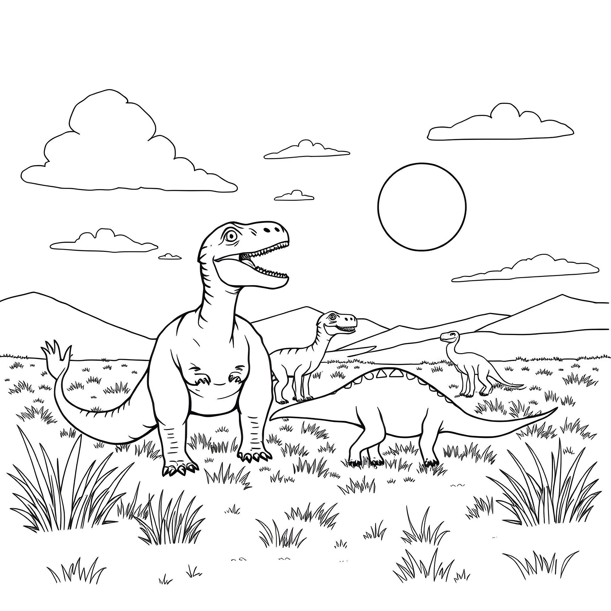 Dinosaurs roaming the prehistoric landscape Coloring Page (free black-and-white line drawing printable PDF for all, from beginners to advanced learners, including children, teens, adults, and seniors)