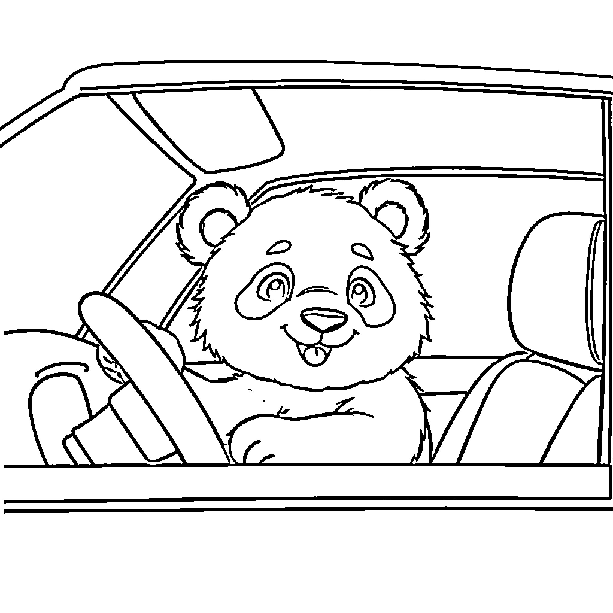 Panda driving a car happily Coloring Page (free black-and-white line drawing printable PDF for all, from beginners to advanced learners, including children, teens, adults, and seniors)