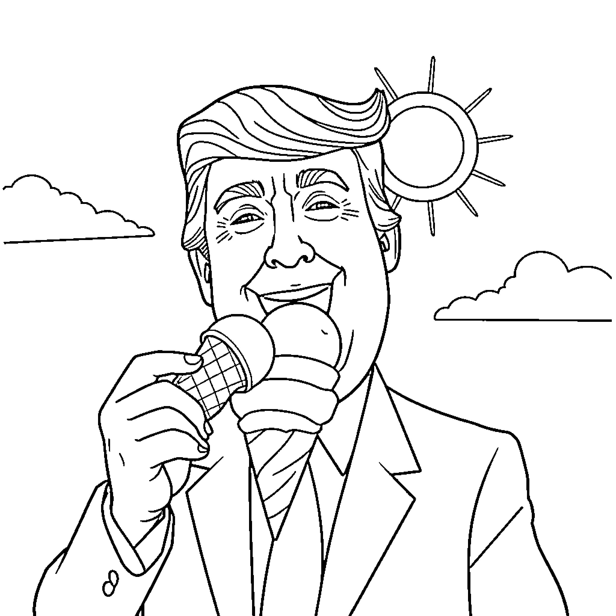 Donald Trump Speaking with Microphone in the Sun Coloring Page (free black-and-white line drawing printable PDF for all, from beginners to advanced learners, including children, teens, adults, and seniors)