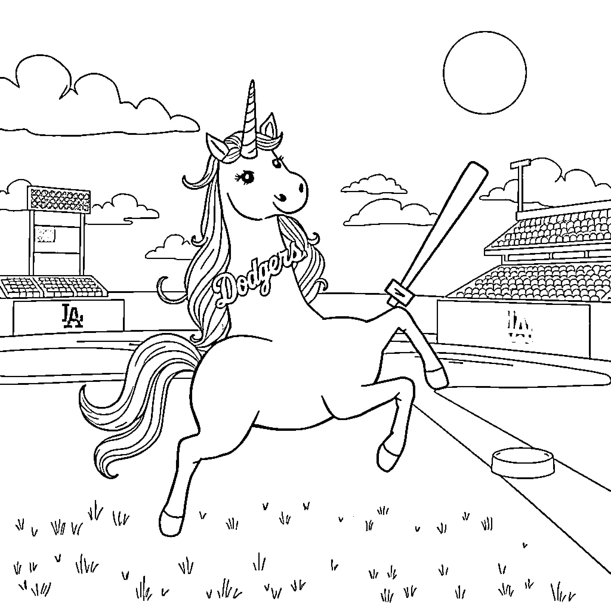 Unicorn playing baseball in the stadium Coloring Page (free black-and-white line drawing printable PDF for all, from beginners to advanced learners, including children, teens, adults, and seniors)