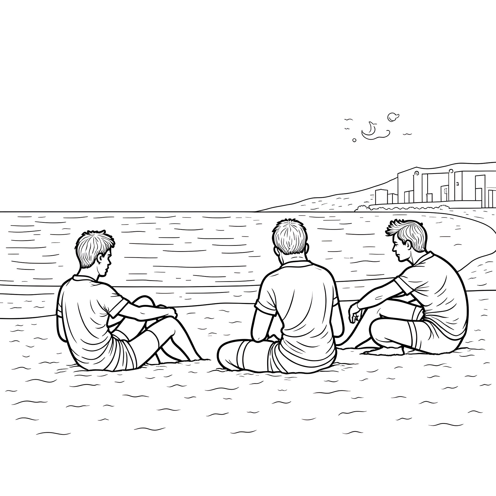 Barcelona Players Relaxing on the Beach Coloring Page (free black-and-white line drawing printable PDF for all, from beginners to advanced learners, including children, teens, adults, and seniors)